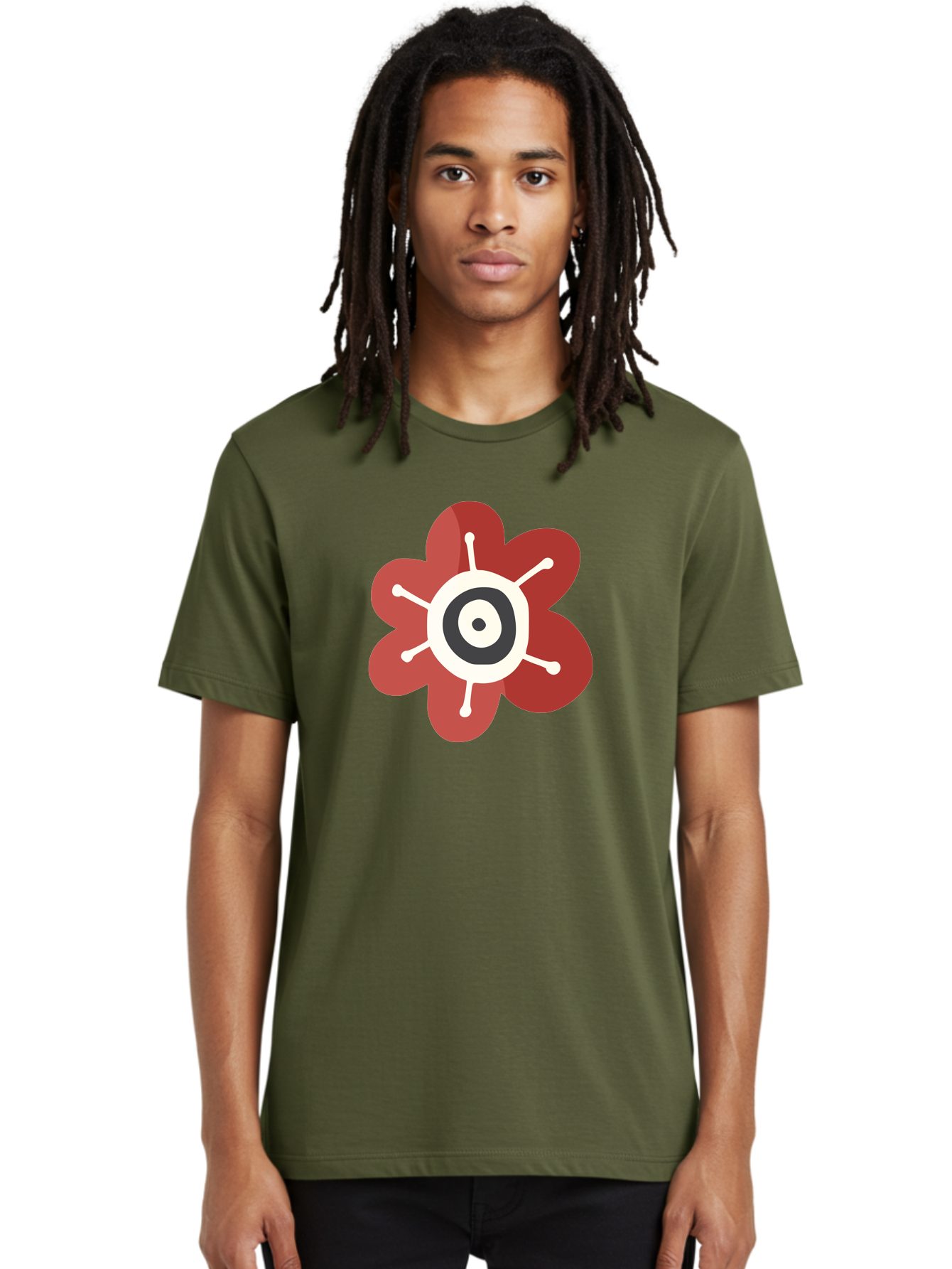 Red-Flower-1 Men'S Graphic Tee, 100% Cotton, Comfortable Casual Summer Wear, Machine Washable, Red Flower Illustration, Stylized Floral Design, Abstract Flower, Minimalist Art, White And Black Center, Bold Graphics, Modern Icon Aad742
