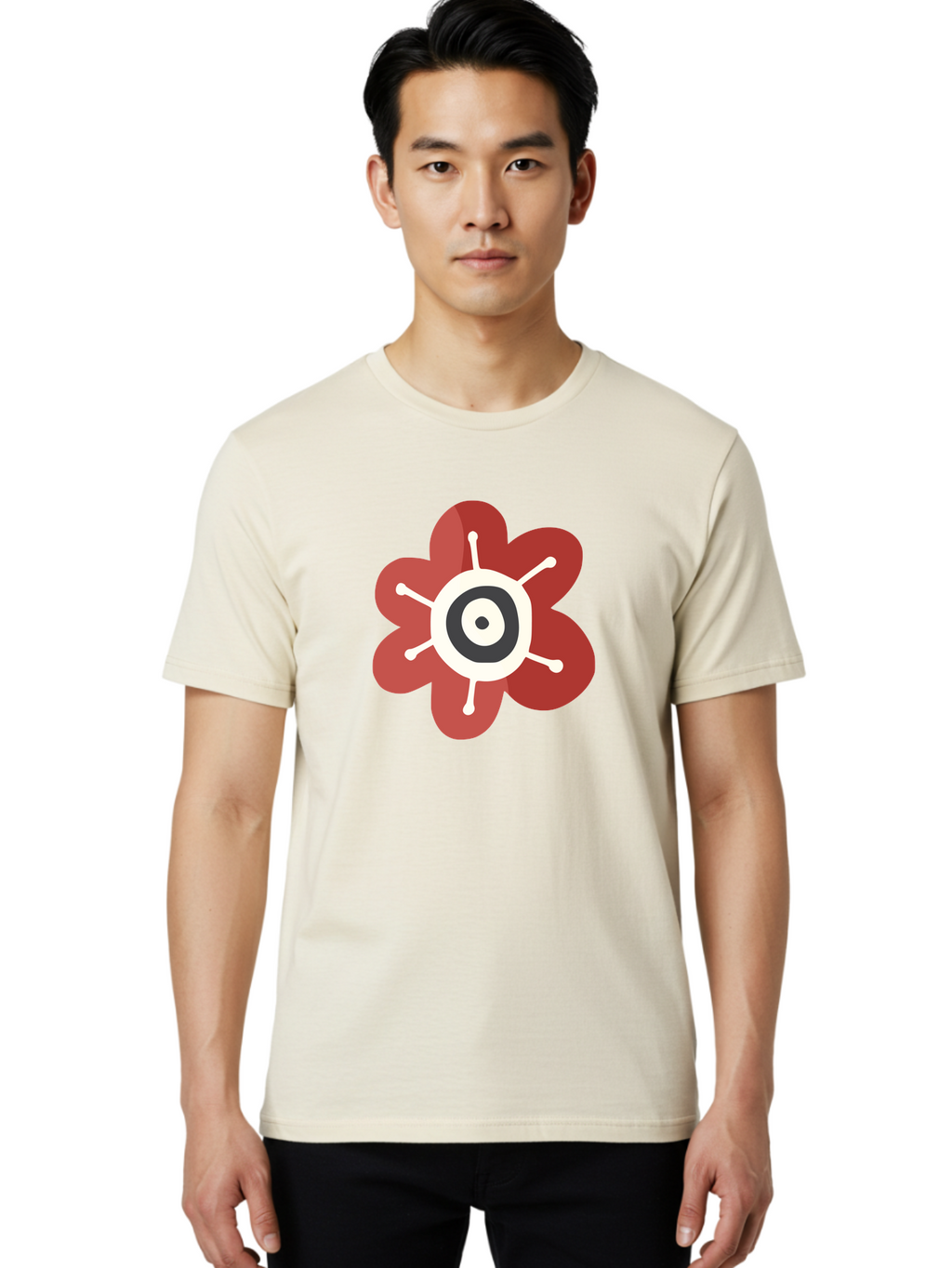 Red-Flower-1 Men'S Graphic Tee, 100% Cotton, Comfortable Casual Summer Wear, Machine Washable, Red Flower Illustration, Stylized Floral Design, Abstract Flower, Minimalist Art, White And Black Center, Bold Graphics, Modern Icon Aad742