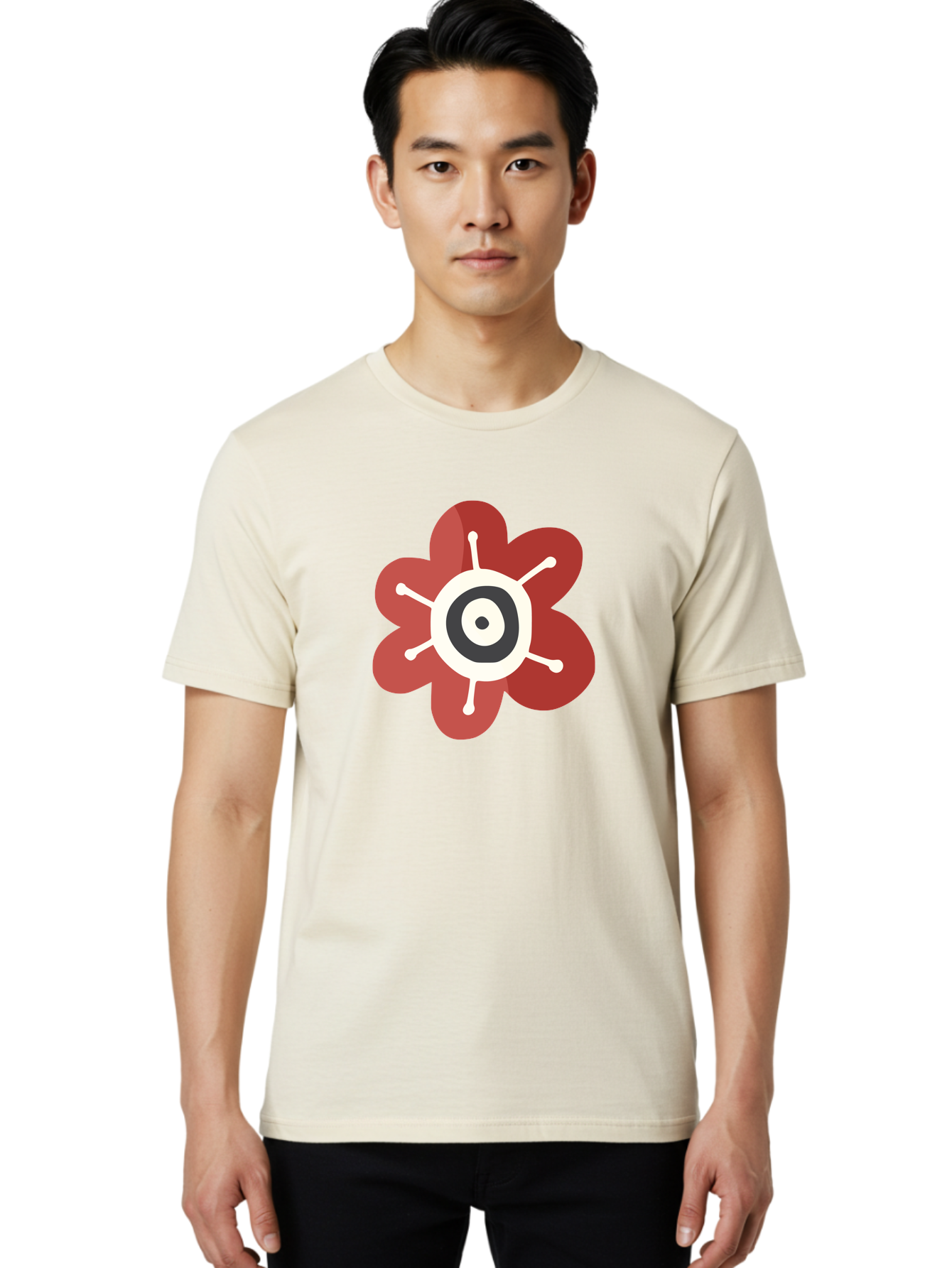 Red-Flower-1 Men'S Graphic Tee, 100% Cotton, Comfortable Casual Summer Wear, Machine Washable, Red Flower Illustration, Stylized Floral Design, Abstract Flower, Minimalist Art, White And Black Center, Bold Graphics, Modern Icon Aad742