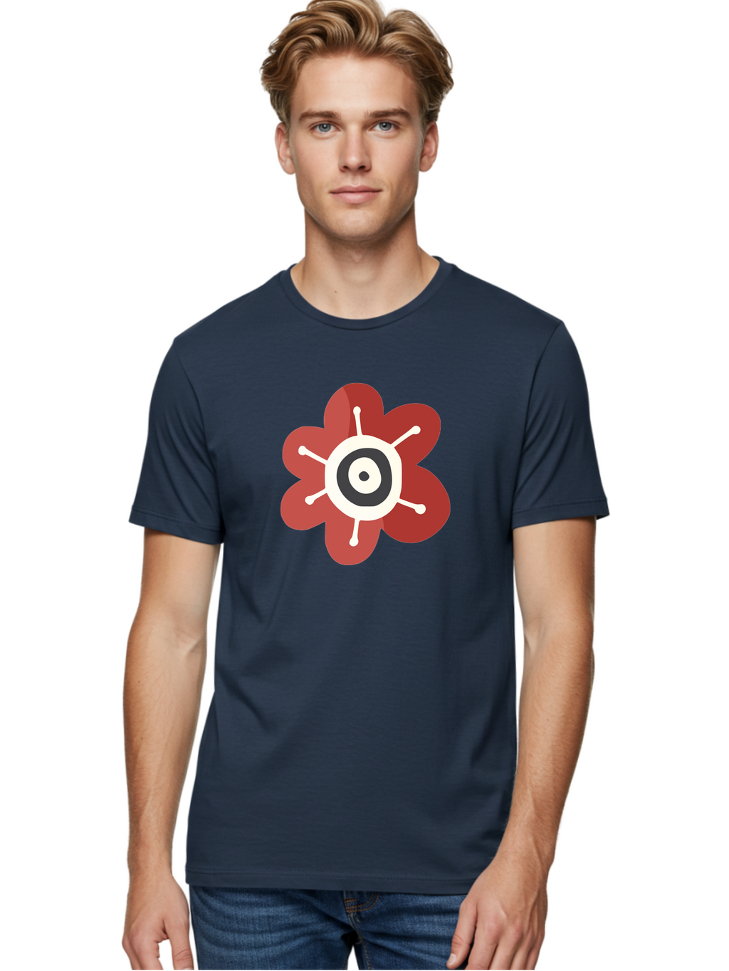 Red-Flower-1 Men'S Graphic Tee, 100% Cotton, Comfortable Casual Summer Wear, Machine Washable, Red Flower Illustration, Stylized Floral Design, Abstract Flower, Minimalist Art, White And Black Center, Bold Graphics, Modern Icon Aad742