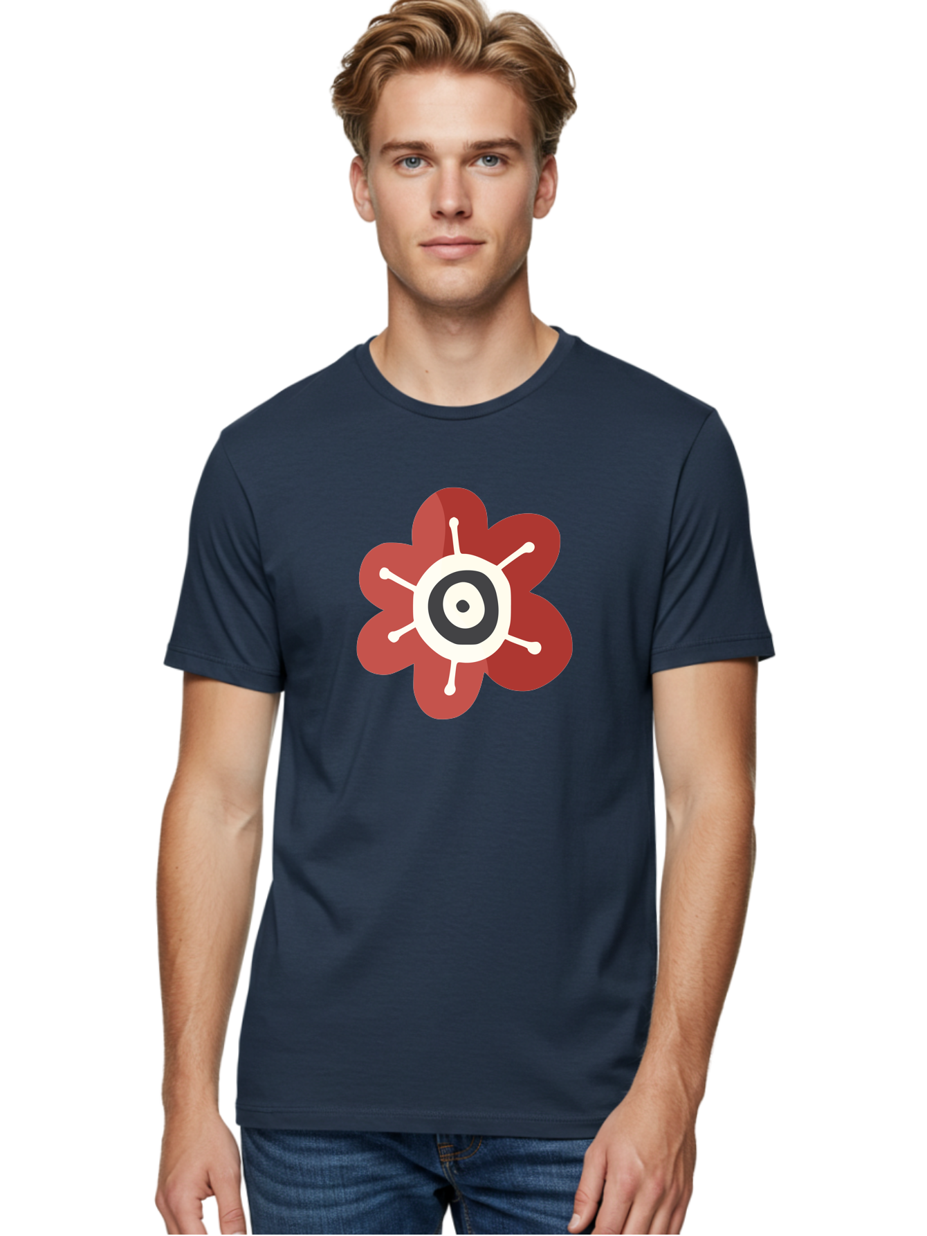 Red-Flower-1 Men'S Graphic Tee, 100% Cotton, Comfortable Casual Summer Wear, Machine Washable, Red Flower Illustration, Stylized Floral Design, Abstract Flower, Minimalist Art, White And Black Center, Bold Graphics, Modern Icon Aad742