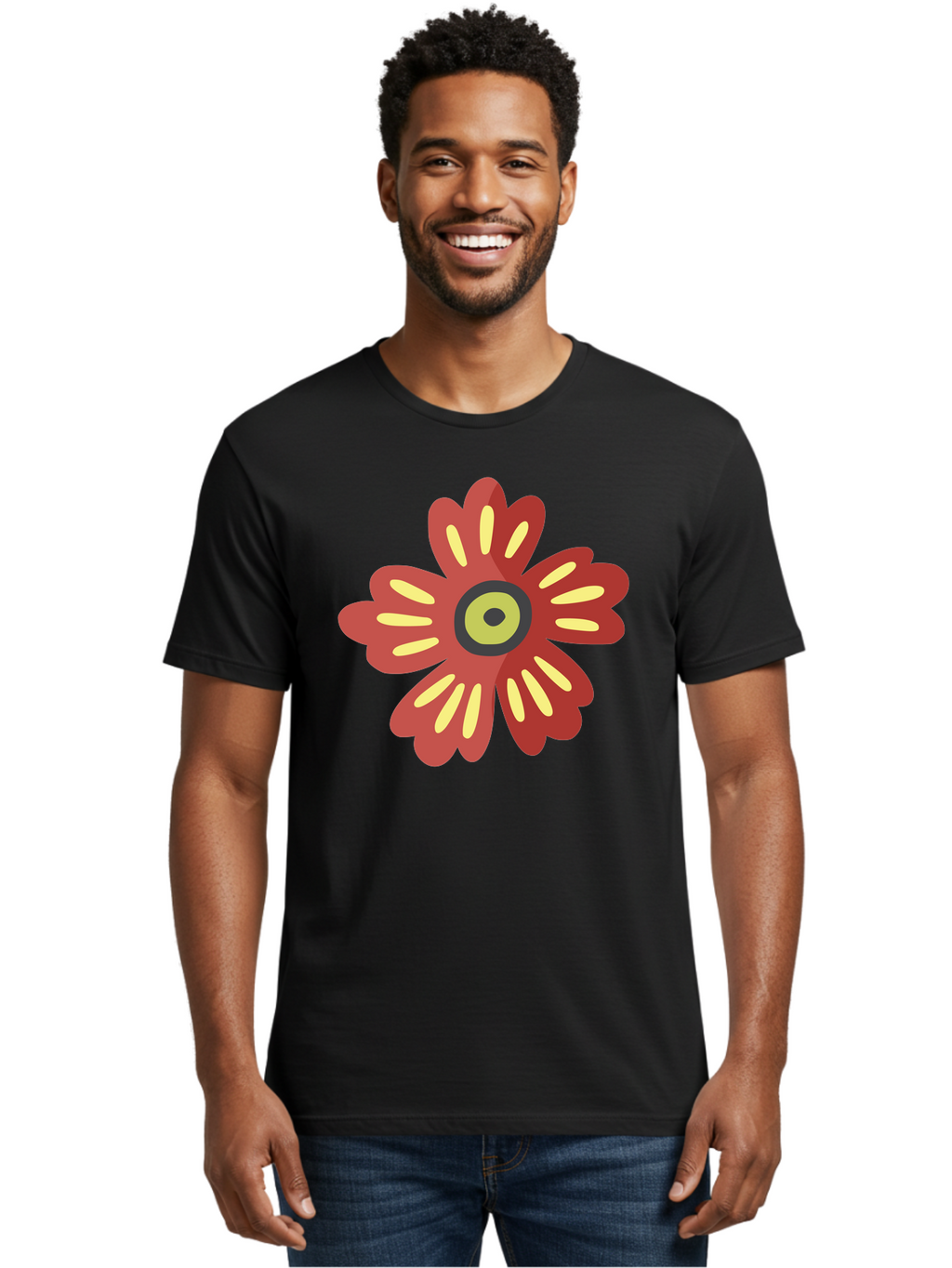 Red-Flower-2 Men'S Graphic Tee, 100% Cotton, Comfortable Casual Summer Wear, Machine Washable, Red Flower Illustration, Yellow And Black Center, Floral Design, Abstract Flower, Graphic Art, Modern Illustration, Simple Shapes, Bold Colors, Aad743