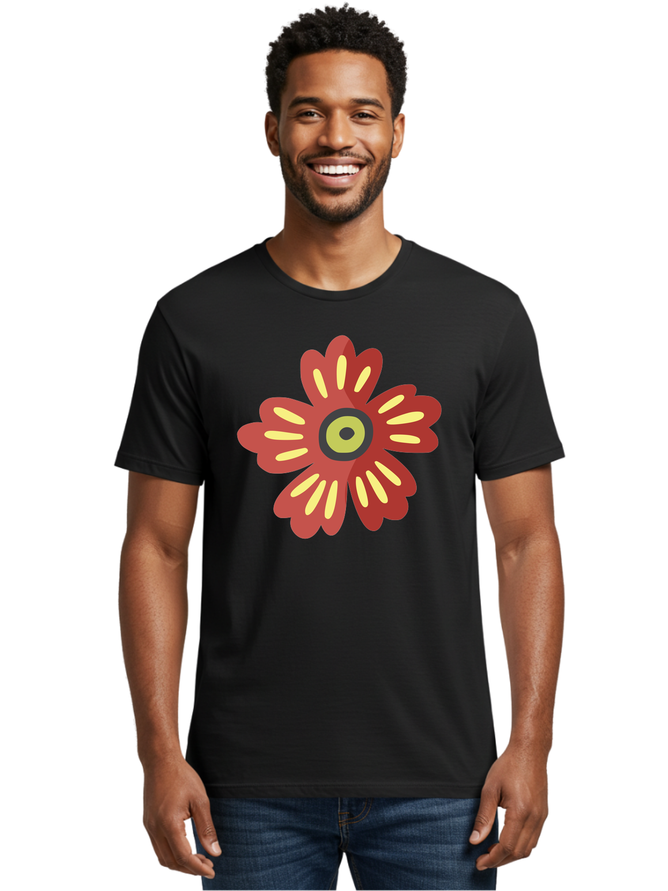 Red-Flower-2 Men'S Graphic Tee, 100% Cotton, Comfortable Casual Summer Wear, Machine Washable, Red Flower Illustration, Yellow And Black Center, Floral Design, Abstract Flower, Graphic Art, Modern Illustration, Simple Shapes, Bold Colors, Aad743