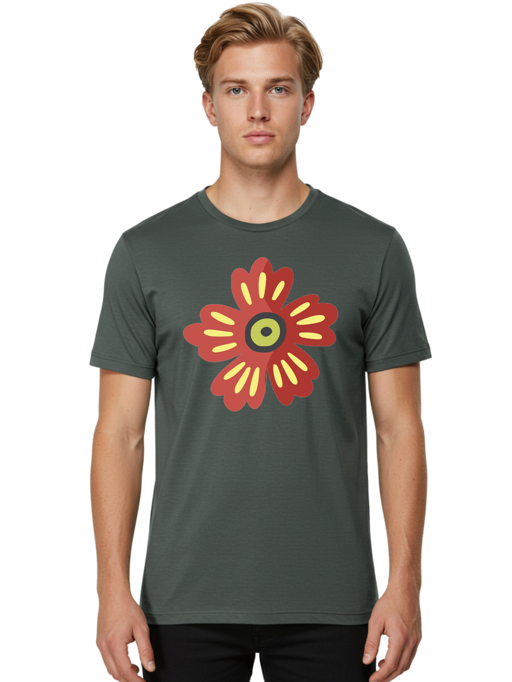 Red-Flower-2 Men'S Graphic Tee, 100% Cotton, Comfortable Casual Summer Wear, Machine Washable, Red Flower Illustration, Yellow And Black Center, Floral Design, Abstract Flower, Graphic Art, Modern Illustration, Simple Shapes, Bold Colors, Aad743
