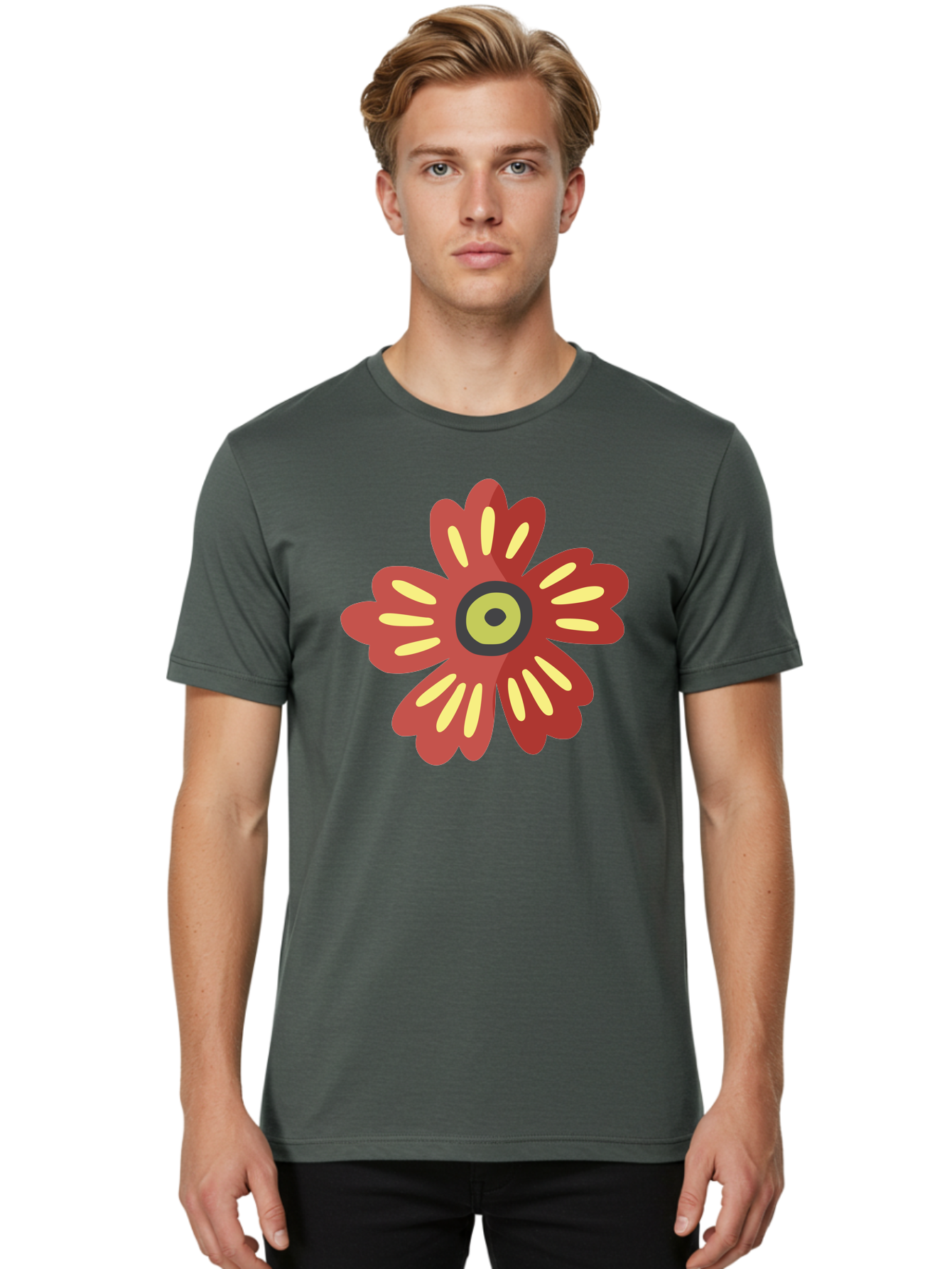 Red-Flower-2 Men'S Graphic Tee, 100% Cotton, Comfortable Casual Summer Wear, Machine Washable, Red Flower Illustration, Yellow And Black Center, Floral Design, Abstract Flower, Graphic Art, Modern Illustration, Simple Shapes, Bold Colors, Aad743