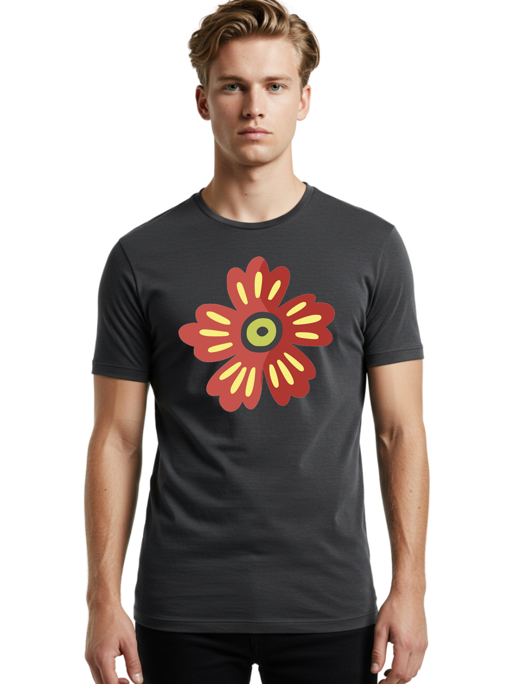 Red-Flower-2 Men'S Graphic Tee, 100% Cotton, Comfortable Casual Summer Wear, Machine Washable, Red Flower Illustration, Yellow And Black Center, Floral Design, Abstract Flower, Graphic Art, Modern Illustration, Simple Shapes, Bold Colors, Aad743