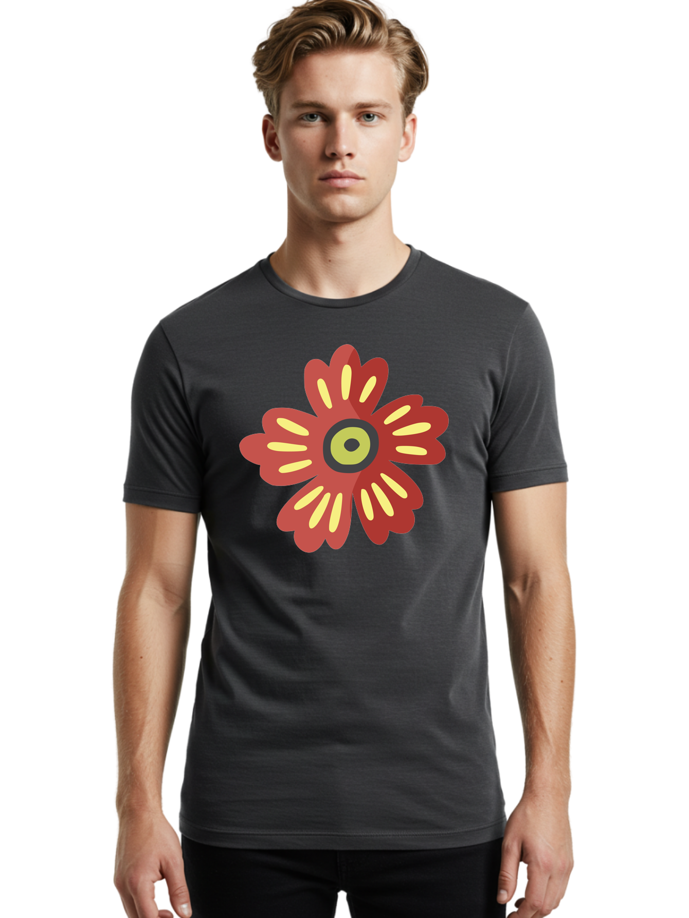 Red-Flower-2 Men'S Graphic Tee, 100% Cotton, Comfortable Casual Summer Wear, Machine Washable, Red Flower Illustration, Yellow And Black Center, Floral Design, Abstract Flower, Graphic Art, Modern Illustration, Simple Shapes, Bold Colors, Aad743