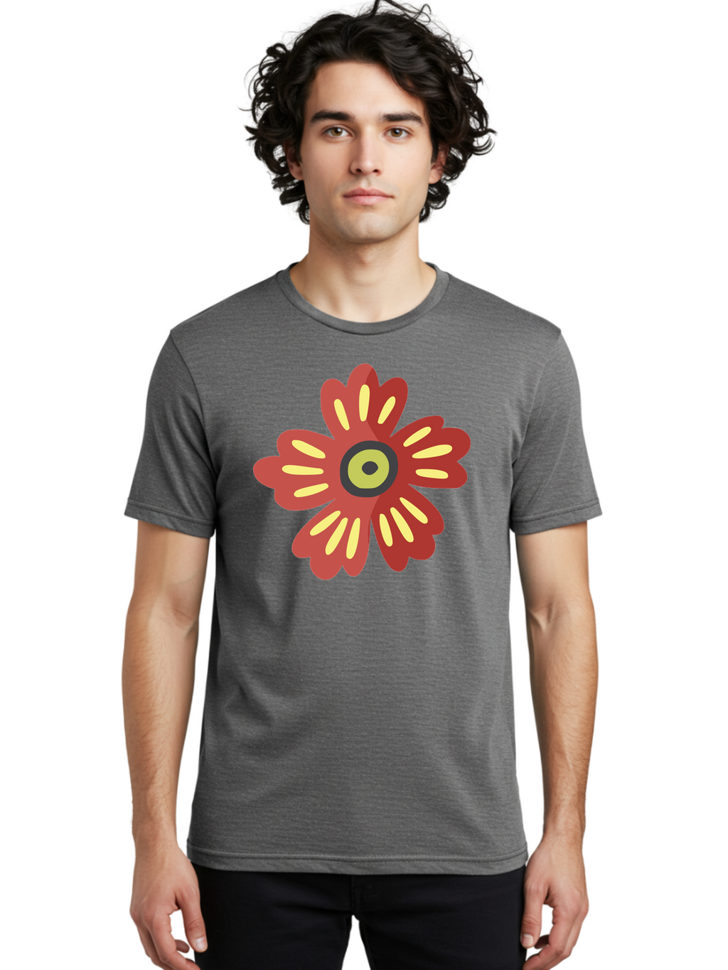 Red-Flower-2 Men'S Graphic Tee, 100% Cotton, Comfortable Casual Summer Wear, Machine Washable, Red Flower Illustration, Yellow And Black Center, Floral Design, Abstract Flower, Graphic Art, Modern Illustration, Simple Shapes, Bold Colors, Aad743