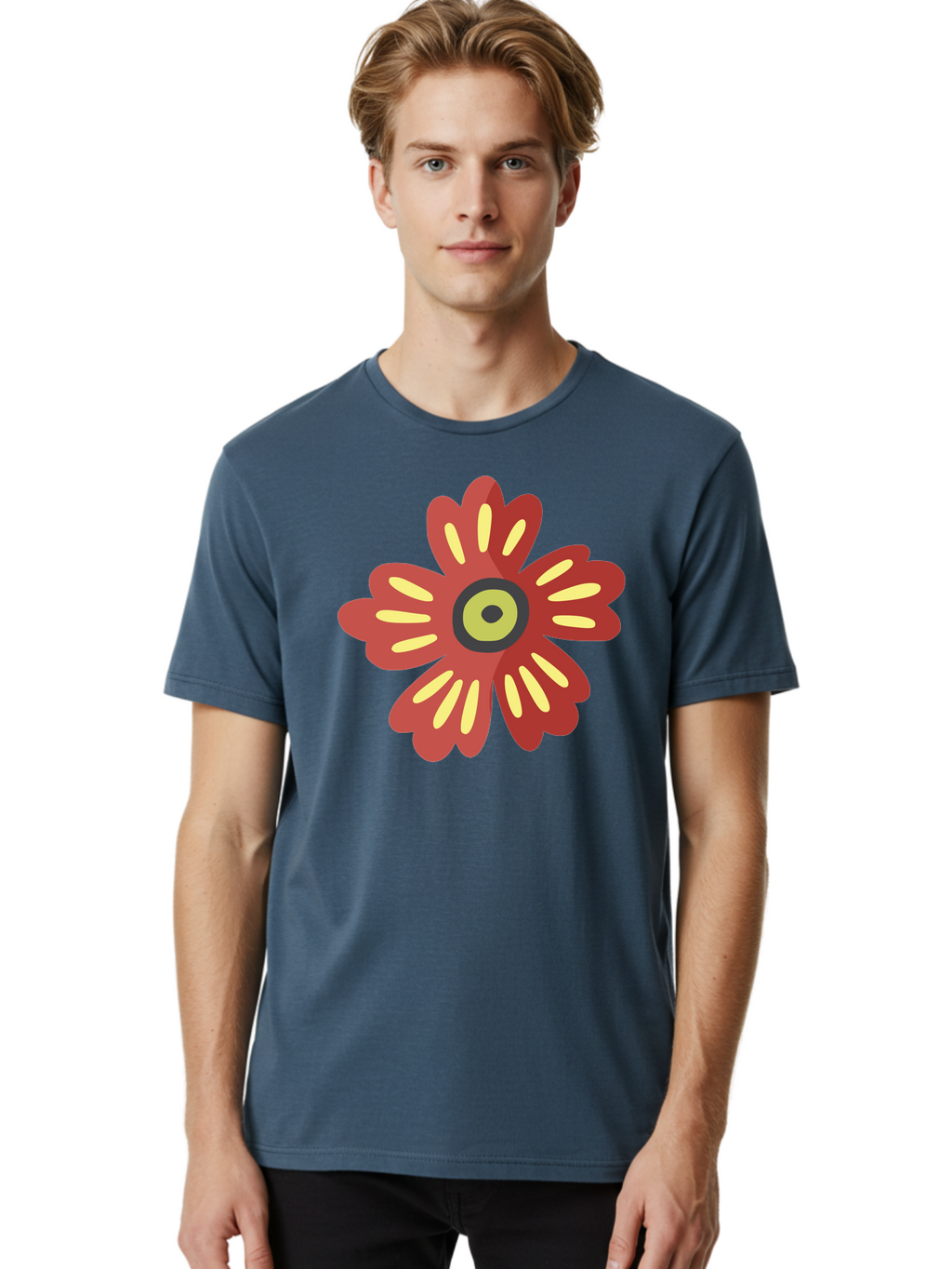 Red-Flower-2 Men'S Graphic Tee, 100% Cotton, Comfortable Casual Summer Wear, Machine Washable, Red Flower Illustration, Yellow And Black Center, Floral Design, Abstract Flower, Graphic Art, Modern Illustration, Simple Shapes, Bold Colors, Aad743