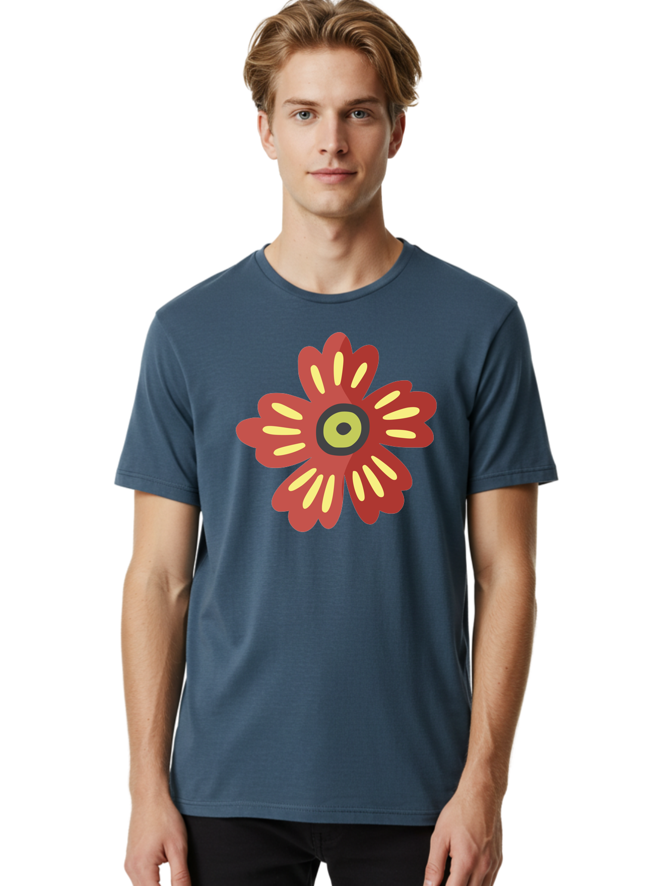 Red-Flower-2 Men'S Graphic Tee, 100% Cotton, Comfortable Casual Summer Wear, Machine Washable, Red Flower Illustration, Yellow And Black Center, Floral Design, Abstract Flower, Graphic Art, Modern Illustration, Simple Shapes, Bold Colors, Aad743