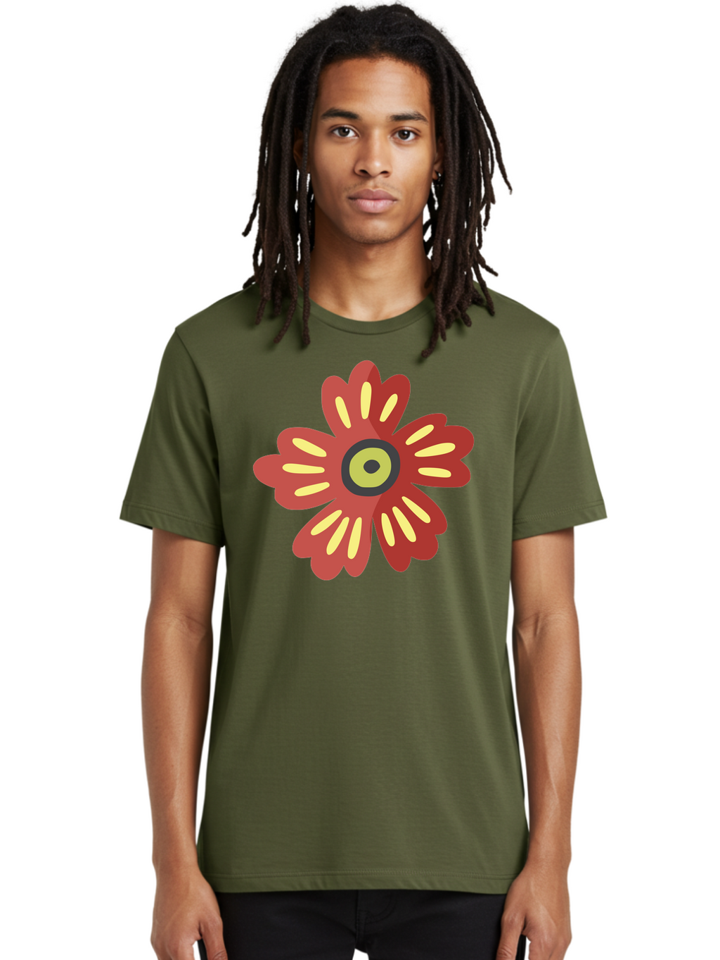 Red-Flower-2 Men'S Graphic Tee, 100% Cotton, Comfortable Casual Summer Wear, Machine Washable, Red Flower Illustration, Yellow And Black Center, Floral Design, Abstract Flower, Graphic Art, Modern Illustration, Simple Shapes, Bold Colors, Aad743