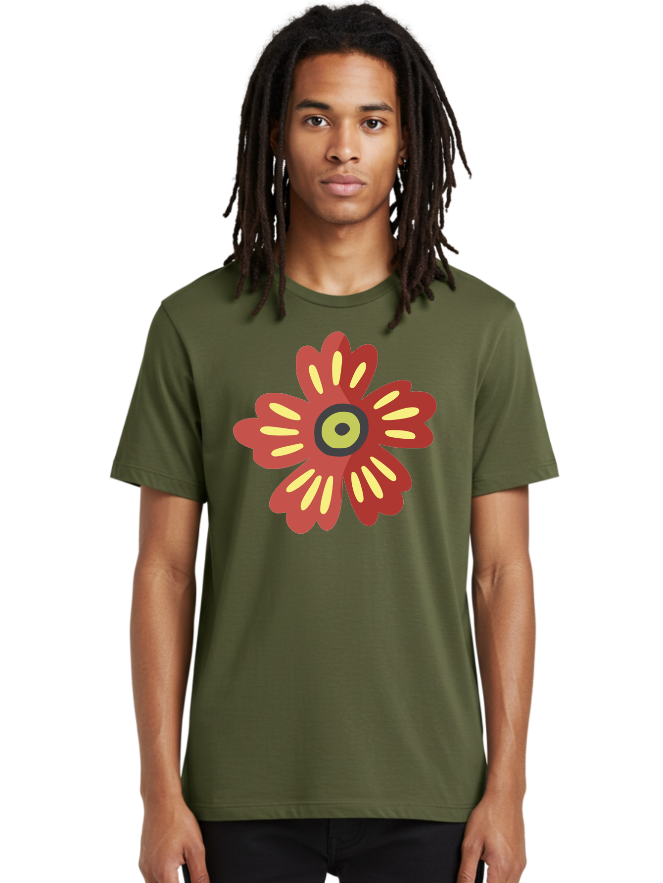 Red-Flower-2 Men'S Graphic Tee, 100% Cotton, Comfortable Casual Summer Wear, Machine Washable, Red Flower Illustration, Yellow And Black Center, Floral Design, Abstract Flower, Graphic Art, Modern Illustration, Simple Shapes, Bold Colors, Aad743