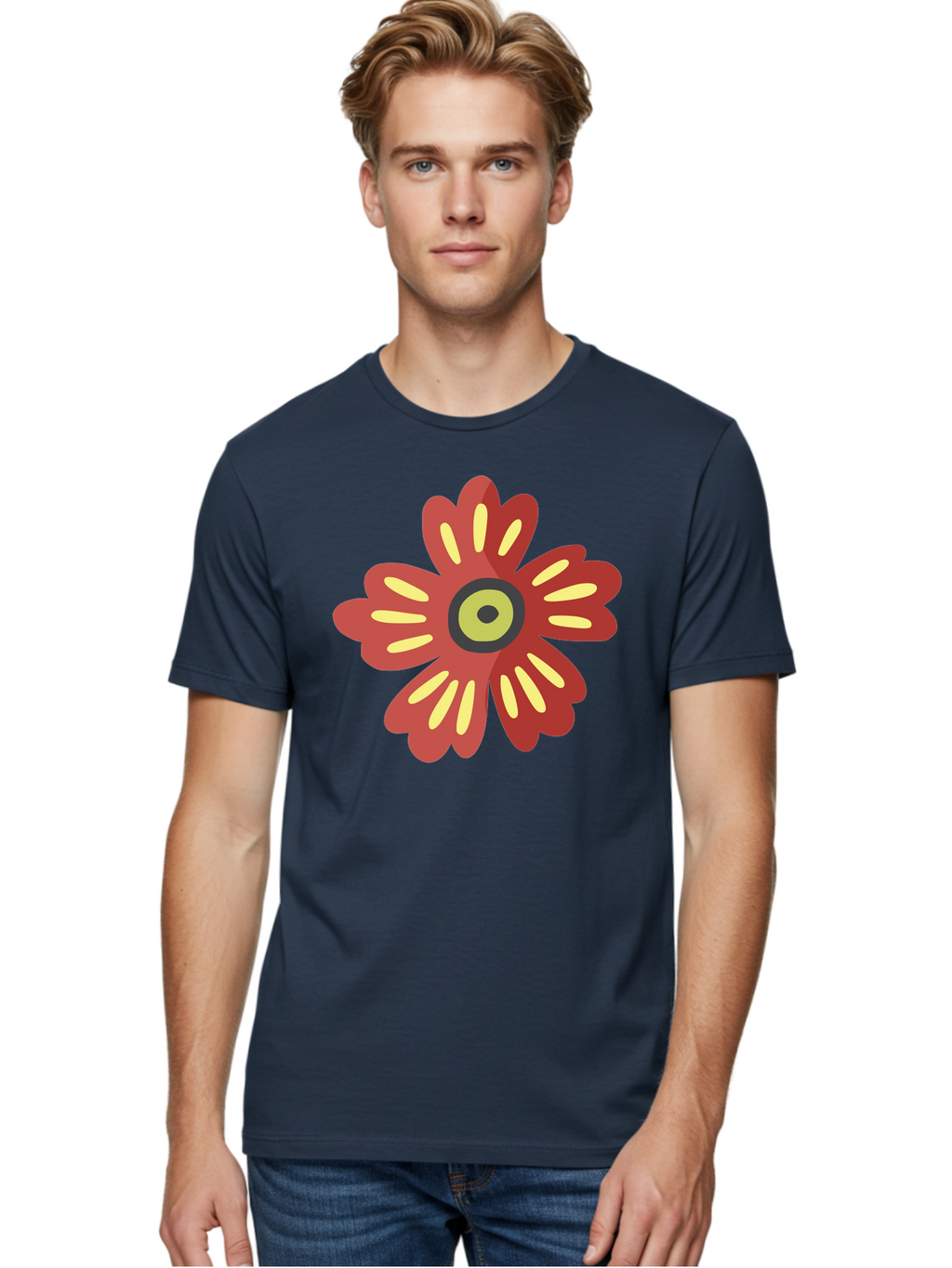 Red-Flower-2 Men'S Graphic Tee, 100% Cotton, Comfortable Casual Summer Wear, Machine Washable, Red Flower Illustration, Yellow And Black Center, Floral Design, Abstract Flower, Graphic Art, Modern Illustration, Simple Shapes, Bold Colors, Aad743
