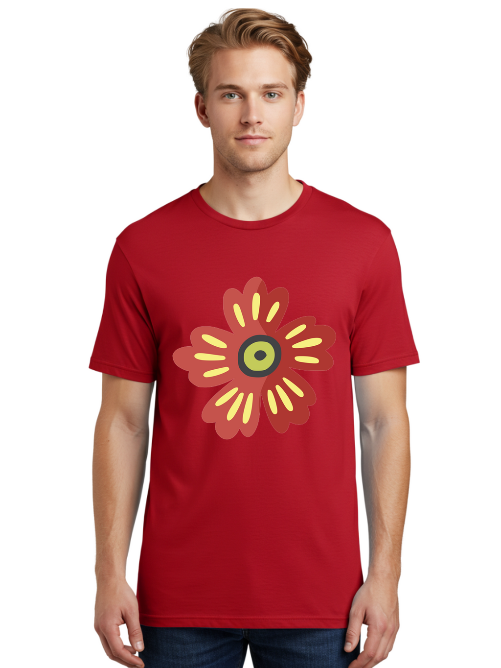 Red-Flower-2 Men'S Graphic Tee, 100% Cotton, Comfortable Casual Summer Wear, Machine Washable, Red Flower Illustration, Yellow And Black Center, Floral Design, Abstract Flower, Graphic Art, Modern Illustration, Simple Shapes, Bold Colors, Aad743