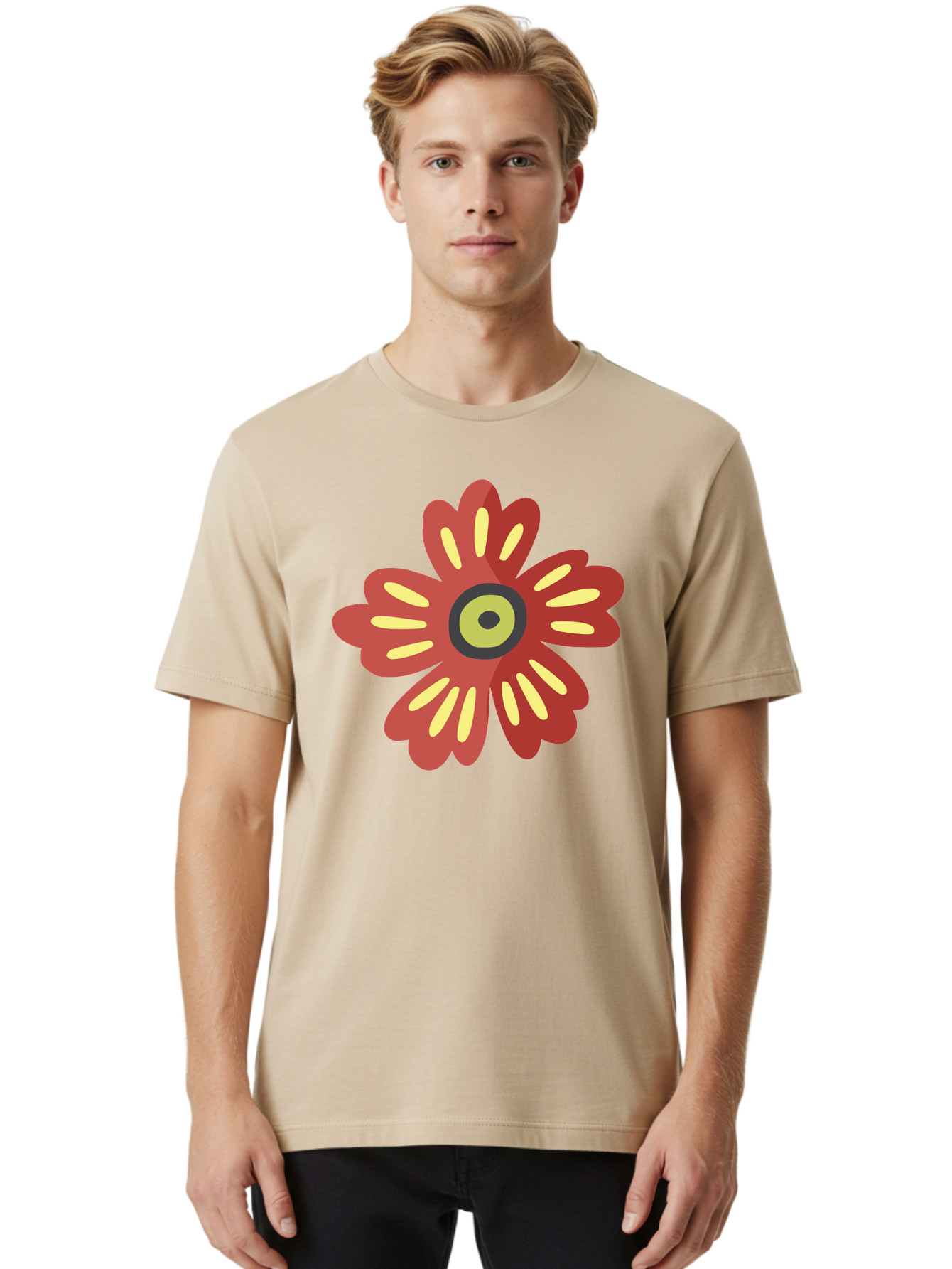 Red-Flower-2 Men'S Graphic Tee, 100% Cotton, Comfortable Casual Summer Wear, Machine Washable, Red Flower Illustration, Yellow And Black Center, Floral Design, Abstract Flower, Graphic Art, Modern Illustration, Simple Shapes, Bold Colors, Aad743