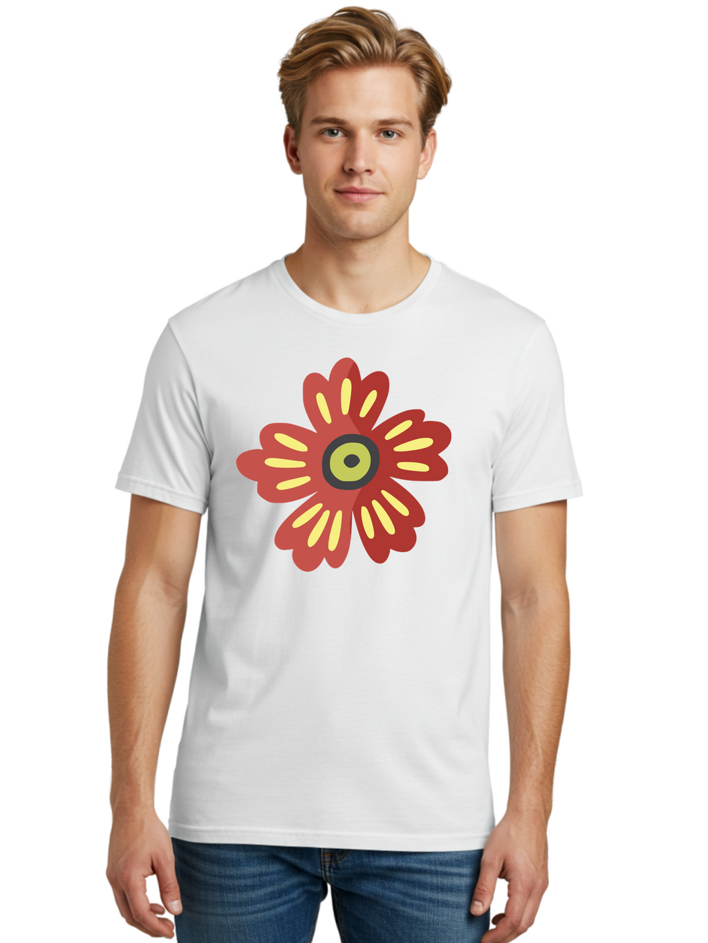 Red-Flower-2 Men'S Graphic Tee, 100% Cotton, Comfortable Casual Summer Wear, Machine Washable, Red Flower Illustration, Yellow And Black Center, Floral Design, Abstract Flower, Graphic Art, Modern Illustration, Simple Shapes, Bold Colors, Aad743