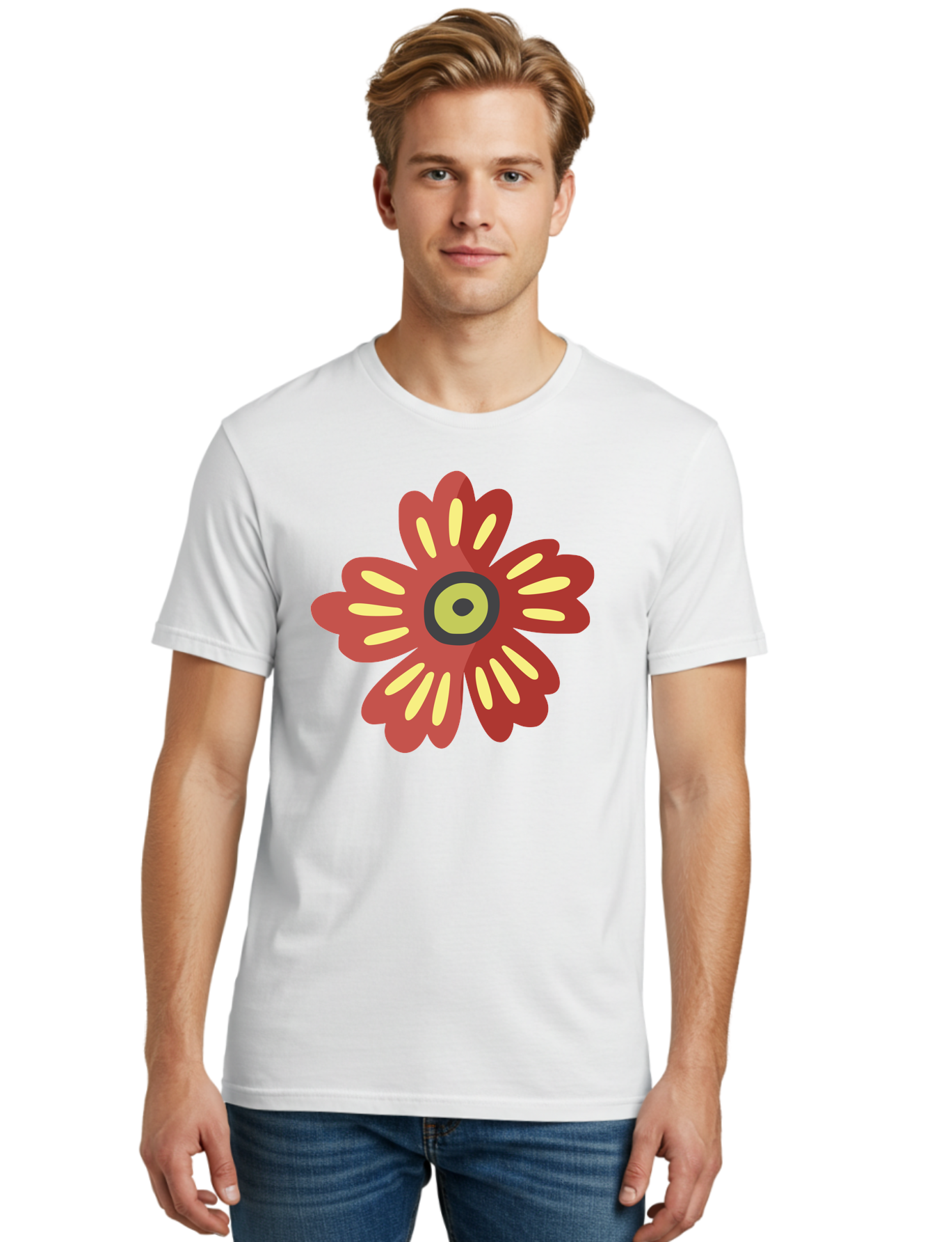 Red-Flower-2 Men'S Graphic Tee, 100% Cotton, Comfortable Casual Summer Wear, Machine Washable, Red Flower Illustration, Yellow And Black Center, Floral Design, Abstract Flower, Graphic Art, Modern Illustration, Simple Shapes, Bold Colors, Aad743