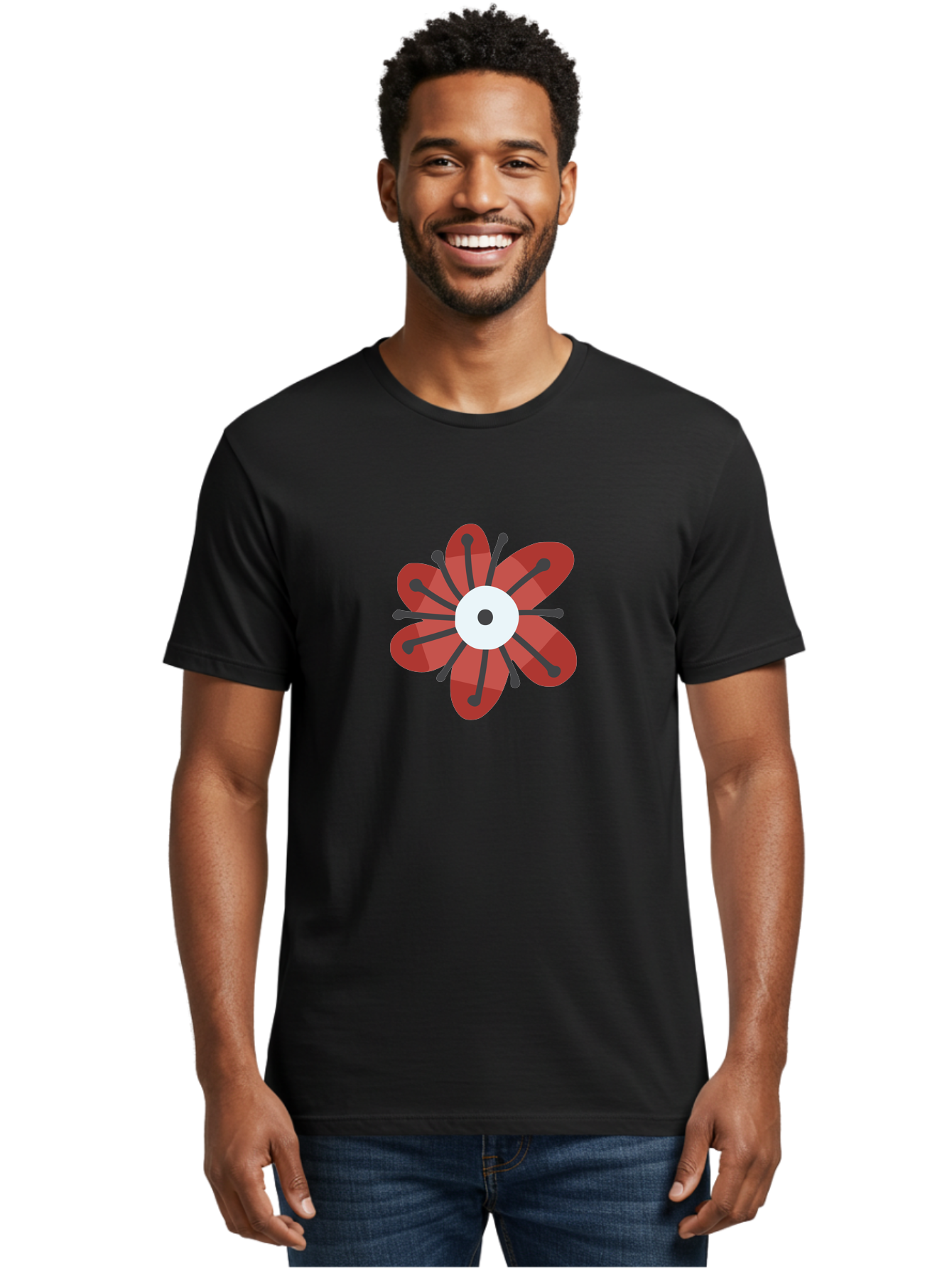 Red-Flower Men'S Graphic Tee, 100% Cotton, Comfortable Casual Summer Wear, Machine Washable, Red Flower, Modern Design, Abstract Art, Floral Pattern, Geometric Shapes, Black Stamens, White Center, Digital Illustration, Creative Graphics Aad744