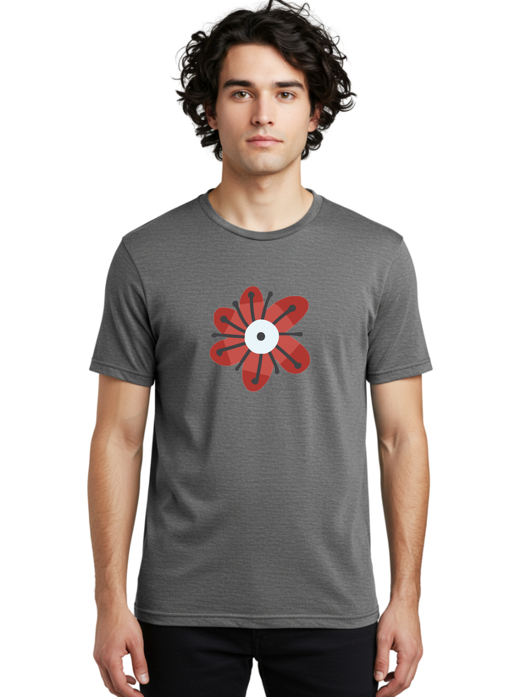 Red-Flower Men'S Graphic Tee, 100% Cotton, Comfortable Casual Summer Wear, Machine Washable, Red Flower, Modern Design, Abstract Art, Floral Pattern, Geometric Shapes, Black Stamens, White Center, Digital Illustration, Creative Graphics Aad744