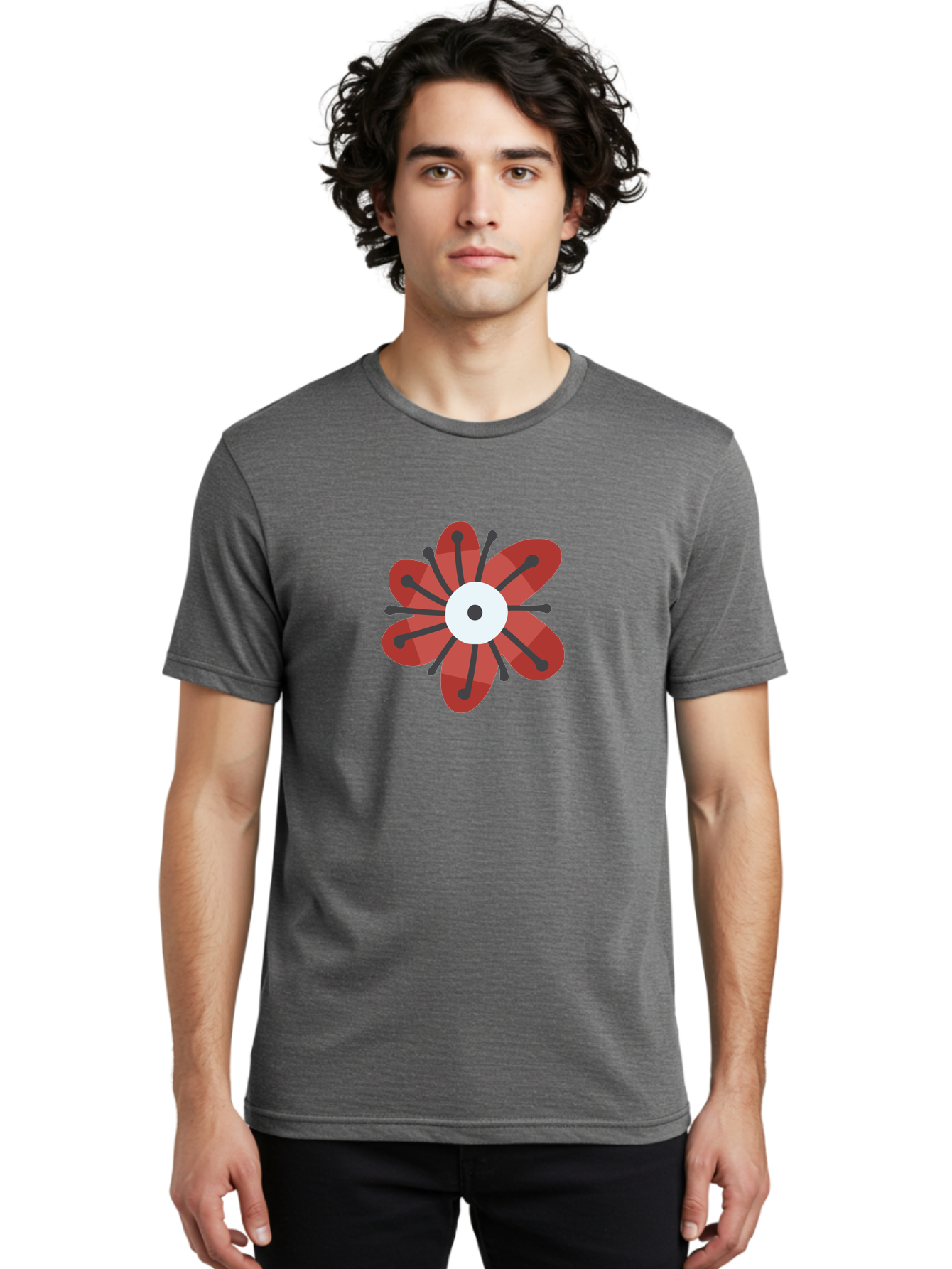 Red-Flower Men'S Graphic Tee, 100% Cotton, Comfortable Casual Summer Wear, Machine Washable, Red Flower, Modern Design, Abstract Art, Floral Pattern, Geometric Shapes, Black Stamens, White Center, Digital Illustration, Creative Graphics Aad744