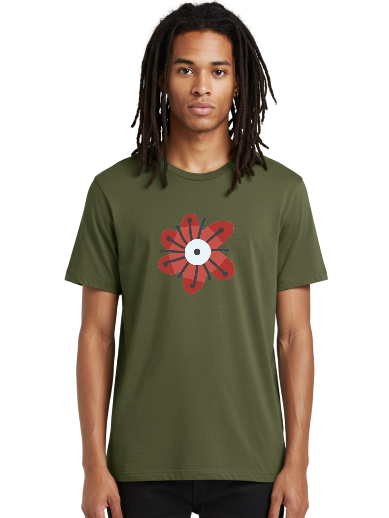 Red-Flower Men'S Graphic Tee, 100% Cotton, Comfortable Casual Summer Wear, Machine Washable, Red Flower, Modern Design, Abstract Art, Floral Pattern, Geometric Shapes, Black Stamens, White Center, Digital Illustration, Creative Graphics Aad744