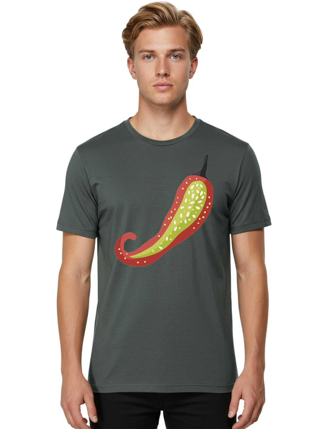 Red-Pepper Men'S Graphic Tee, 100% Cotton, Comfortable Casual Summer Wear, Machine Washable, Red Chili Pepper, Cutaway View, Seeds Inside, Spicy Food, Hot Pepper, Culinary Ingredient, Vibrant Red Color, Illustration Art Aad748