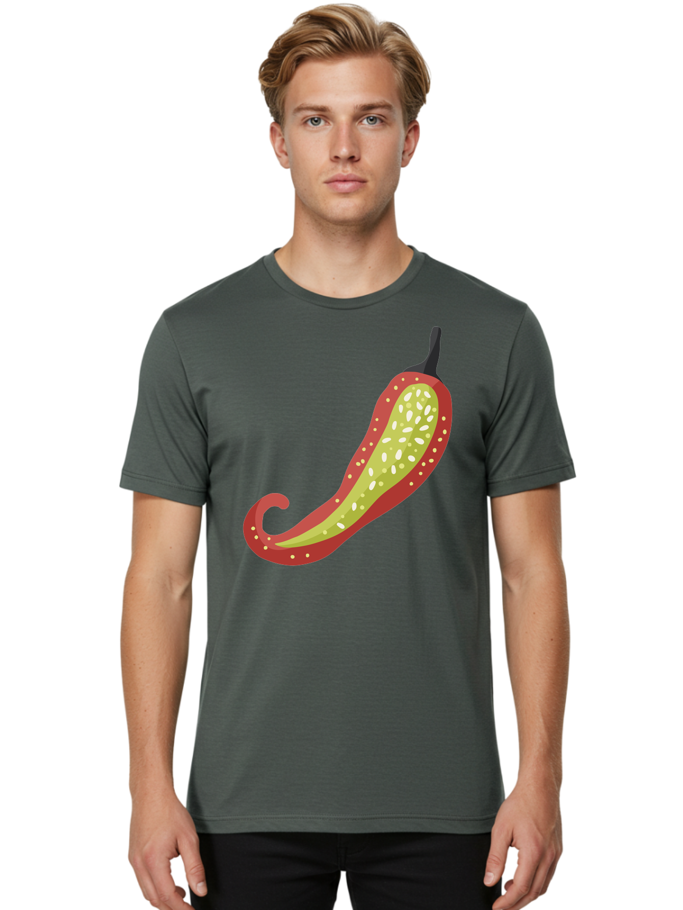 Red-Pepper Men'S Graphic Tee, 100% Cotton, Comfortable Casual Summer Wear, Machine Washable, Red Chili Pepper, Cutaway View, Seeds Inside, Spicy Food, Hot Pepper, Culinary Ingredient, Vibrant Red Color, Illustration Art Aad748