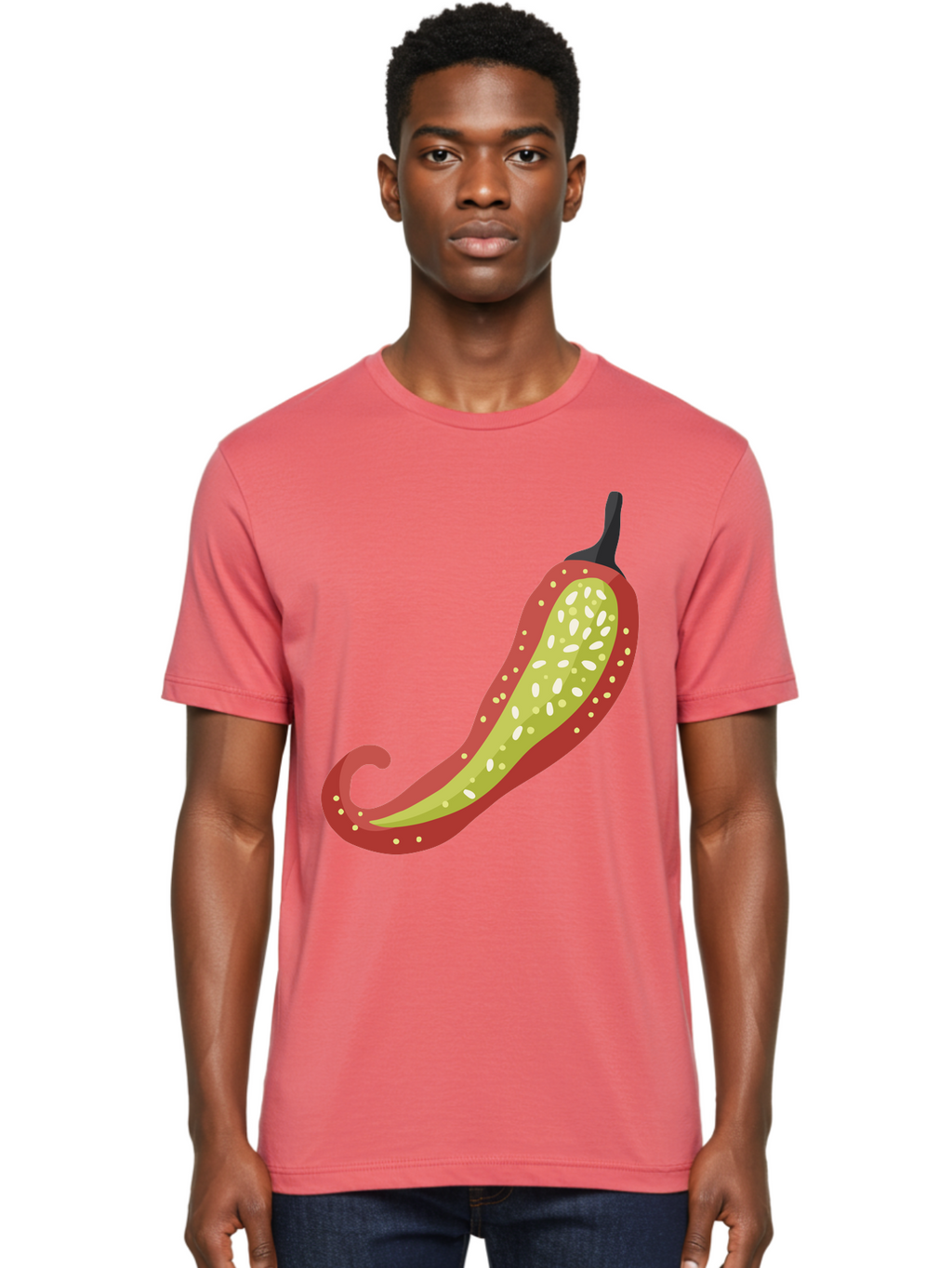 Red-Pepper Men'S Graphic Tee, 100% Cotton, Comfortable Casual Summer Wear, Machine Washable, Red Chili Pepper, Cutaway View, Seeds Inside, Spicy Food, Hot Pepper, Culinary Ingredient, Vibrant Red Color, Illustration Art Aad748