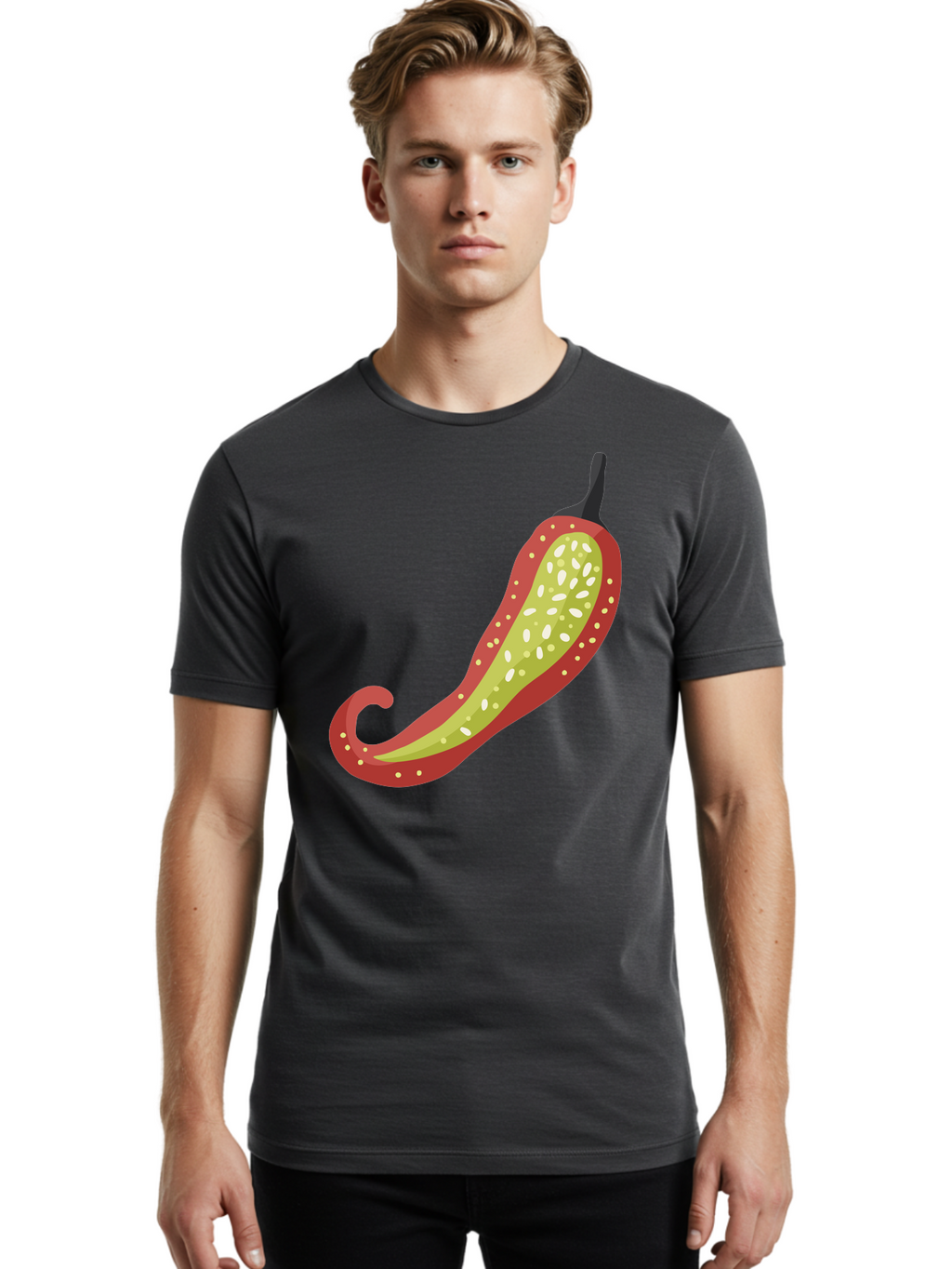 Red-Pepper Men'S Graphic Tee, 100% Cotton, Comfortable Casual Summer Wear, Machine Washable, Red Chili Pepper, Cutaway View, Seeds Inside, Spicy Food, Hot Pepper, Culinary Ingredient, Vibrant Red Color, Illustration Art Aad748