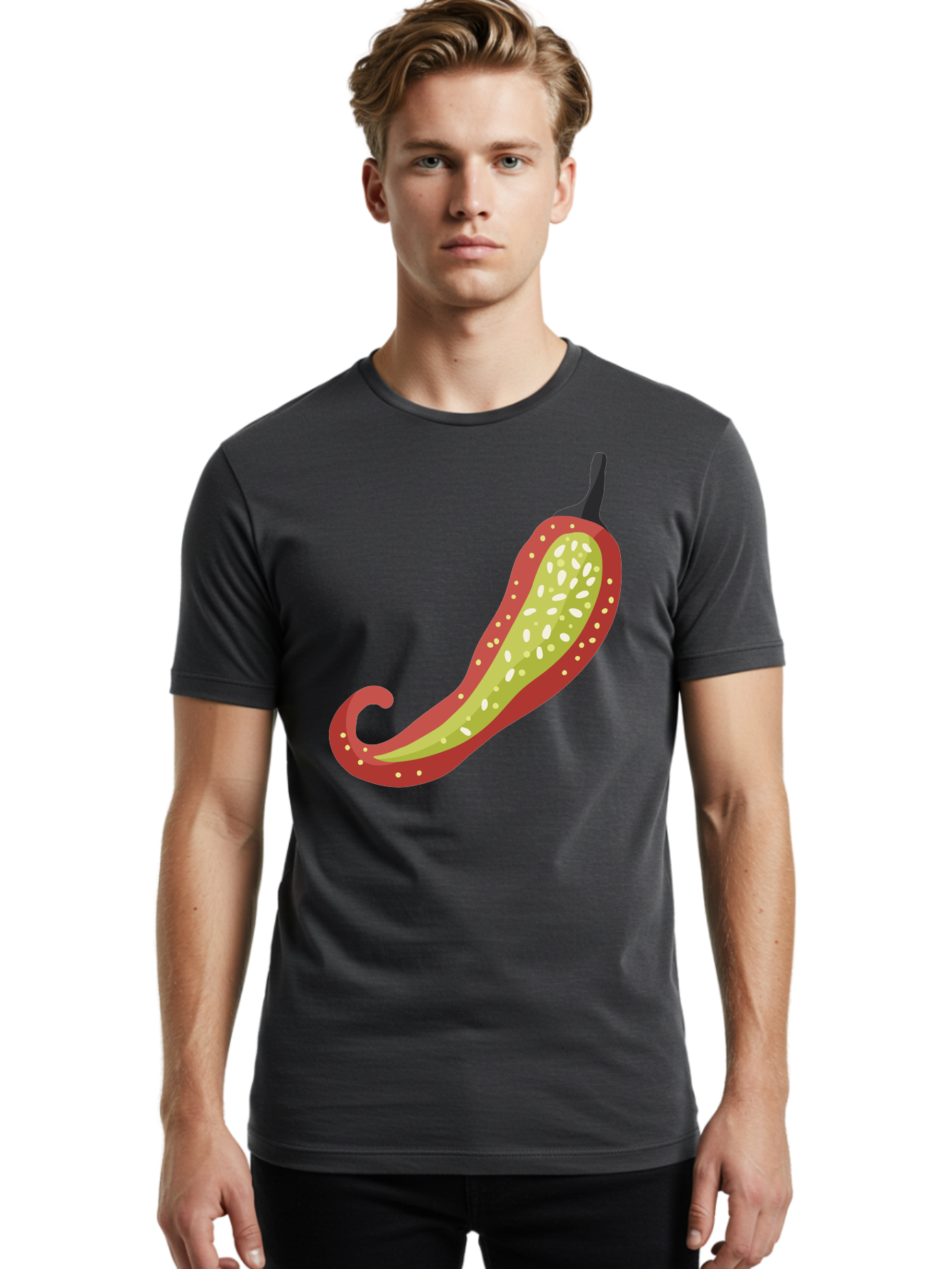 Red-Pepper Men'S Graphic Tee, 100% Cotton, Comfortable Casual Summer Wear, Machine Washable, Red Chili Pepper, Cutaway View, Seeds Inside, Spicy Food, Hot Pepper, Culinary Ingredient, Vibrant Red Color, Illustration Art Aad748