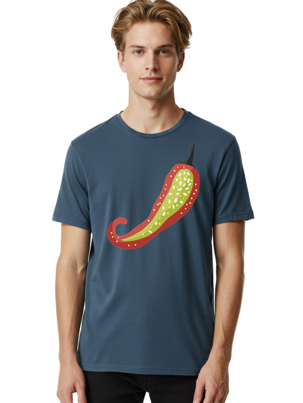 Red-Pepper Men'S Graphic Tee, 100% Cotton, Comfortable Casual Summer Wear, Machine Washable, Red Chili Pepper, Cutaway View, Seeds Inside, Spicy Food, Hot Pepper, Culinary Ingredient, Vibrant Red Color, Illustration Art Aad748