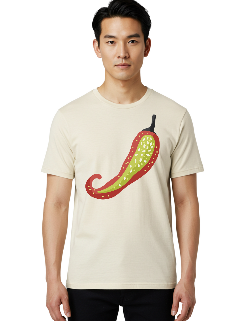 Red-Pepper Men'S Graphic Tee, 100% Cotton, Comfortable Casual Summer Wear, Machine Washable, Red Chili Pepper, Cutaway View, Seeds Inside, Spicy Food, Hot Pepper, Culinary Ingredient, Vibrant Red Color, Illustration Art Aad748