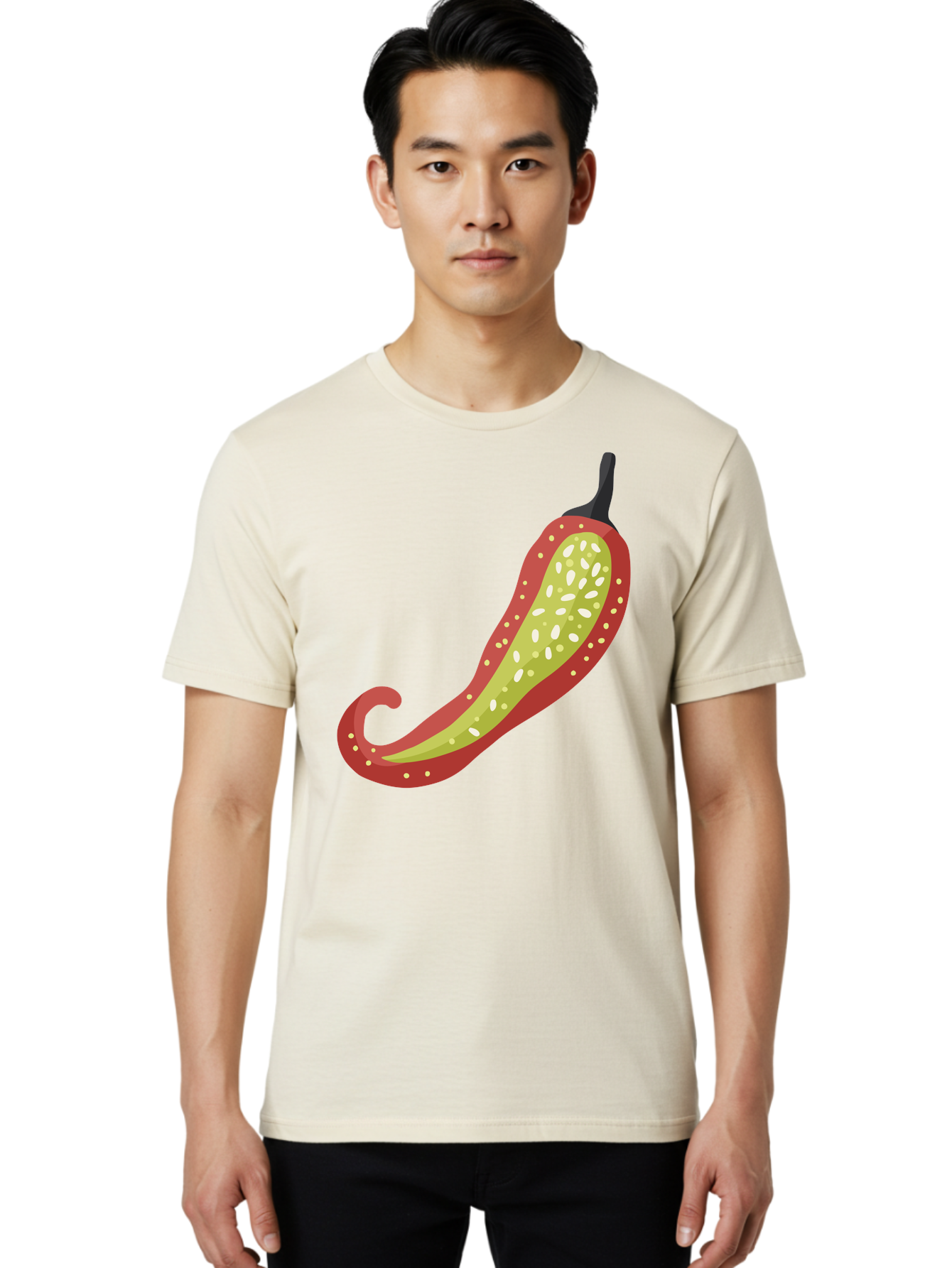 Red-Pepper Men'S Graphic Tee, 100% Cotton, Comfortable Casual Summer Wear, Machine Washable, Red Chili Pepper, Cutaway View, Seeds Inside, Spicy Food, Hot Pepper, Culinary Ingredient, Vibrant Red Color, Illustration Art Aad748