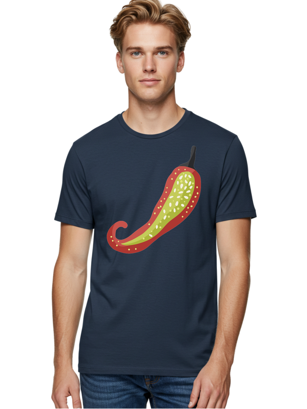 Red-Pepper Men'S Graphic Tee, 100% Cotton, Comfortable Casual Summer Wear, Machine Washable, Red Chili Pepper, Cutaway View, Seeds Inside, Spicy Food, Hot Pepper, Culinary Ingredient, Vibrant Red Color, Illustration Art Aad748
