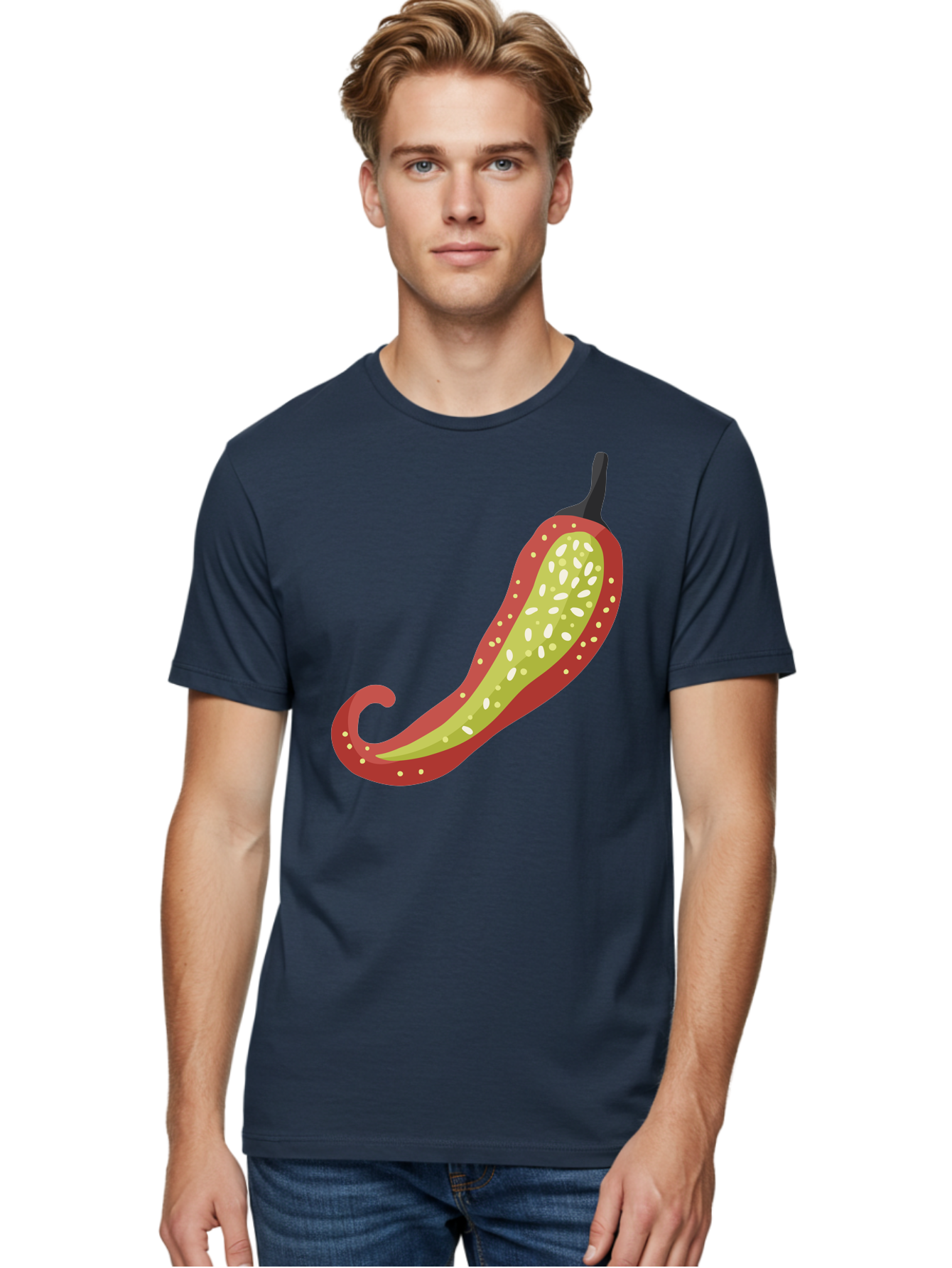 Red-Pepper Men'S Graphic Tee, 100% Cotton, Comfortable Casual Summer Wear, Machine Washable, Red Chili Pepper, Cutaway View, Seeds Inside, Spicy Food, Hot Pepper, Culinary Ingredient, Vibrant Red Color, Illustration Art Aad748