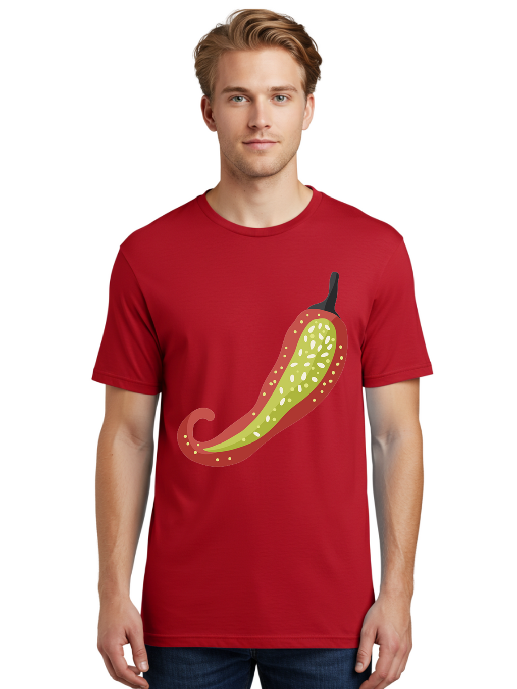 Red-Pepper Men'S Graphic Tee, 100% Cotton, Comfortable Casual Summer Wear, Machine Washable, Red Chili Pepper, Cutaway View, Seeds Inside, Spicy Food, Hot Pepper, Culinary Ingredient, Vibrant Red Color, Illustration Art Aad748