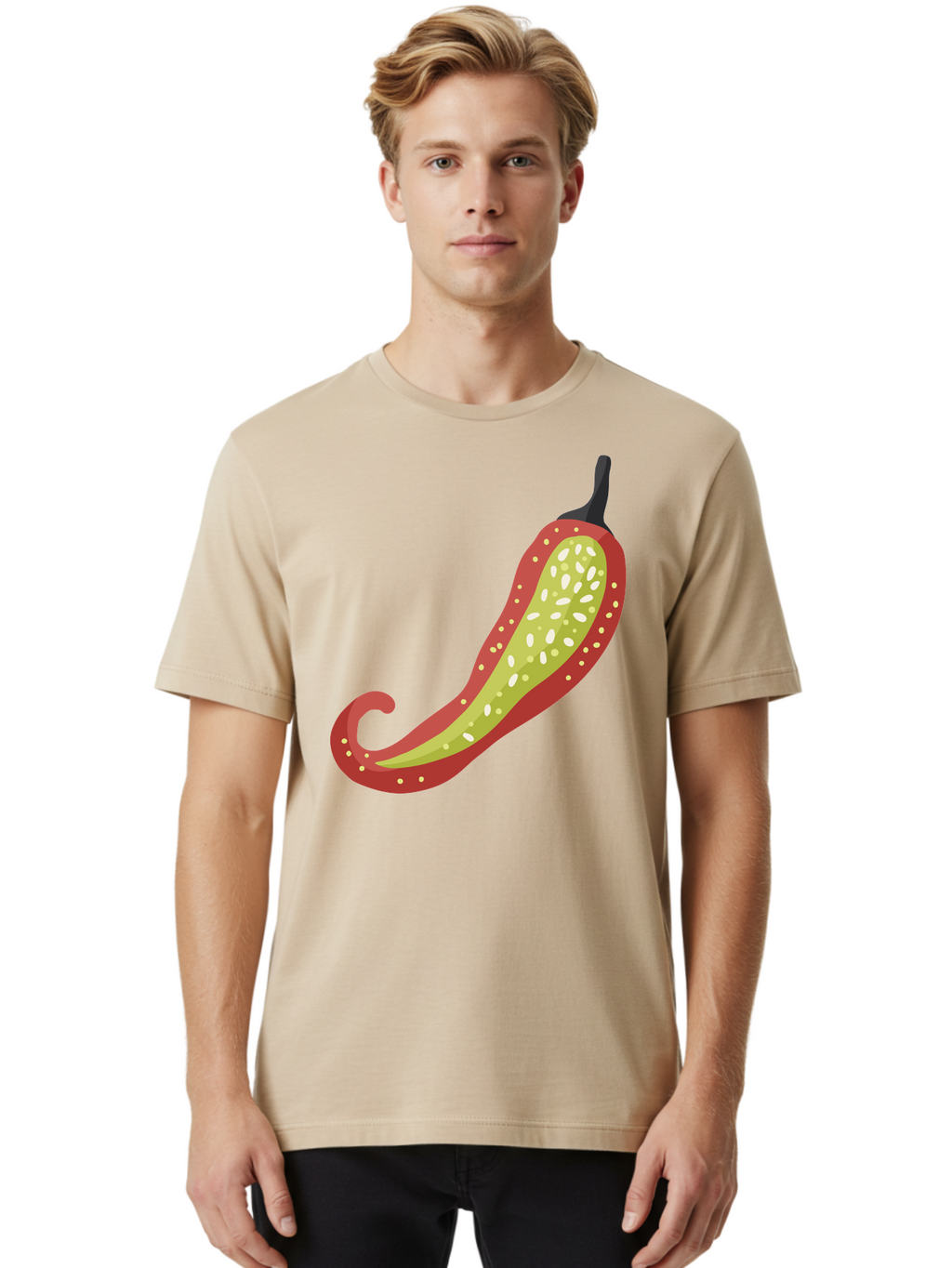 Red-Pepper Men'S Graphic Tee, 100% Cotton, Comfortable Casual Summer Wear, Machine Washable, Red Chili Pepper, Cutaway View, Seeds Inside, Spicy Food, Hot Pepper, Culinary Ingredient, Vibrant Red Color, Illustration Art Aad748