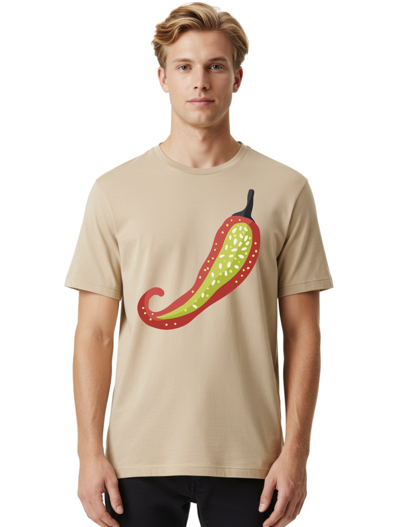 Red-Pepper Men'S Graphic Tee, 100% Cotton, Comfortable Casual Summer Wear, Machine Washable, Red Chili Pepper, Cutaway View, Seeds Inside, Spicy Food, Hot Pepper, Culinary Ingredient, Vibrant Red Color, Illustration Art Aad748
