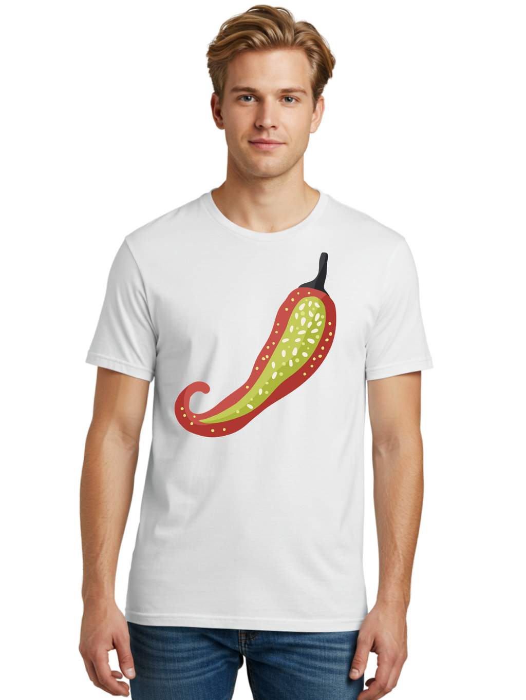 Red-Pepper Men'S Graphic Tee, 100% Cotton, Comfortable Casual Summer Wear, Machine Washable, Red Chili Pepper, Cutaway View, Seeds Inside, Spicy Food, Hot Pepper, Culinary Ingredient, Vibrant Red Color, Illustration Art Aad748