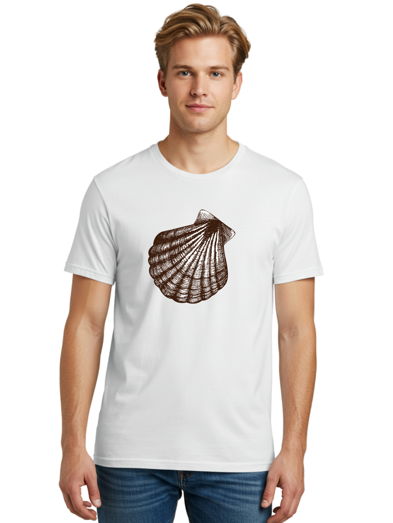 Scallop-Shell Men'S Graphic Tee, 100% Cotton, Comfortable Casual Summer Wear, Machine Washable, Scallop Shell, Seashell, Ocean Shell, Marine Life, Coastal Decor, Beachy Vibe, Shell Art, Detailed Illustration, Monochrome Design Aad749