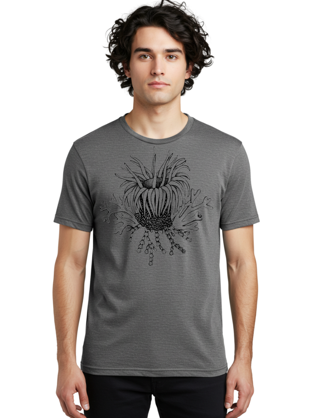 Sea-Anemone Men'S Graphic Tee, 100% Cotton, Comfortable Casual Summer Wear, Machine Washable, Sea Anemone, Marine Life, Ocean Creature, Underwater World, Coral Reef, Aquatic Animal, Tentacles, Black And Green Illustration, Botanical Art, Aad750