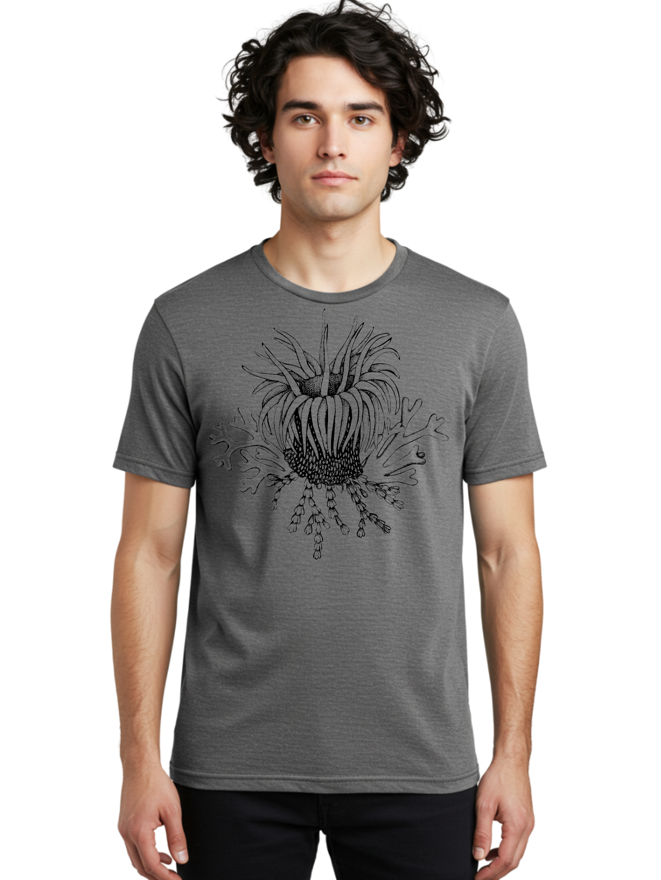 Sea-Anemone Men'S Graphic Tee, 100% Cotton, Comfortable Casual Summer Wear, Machine Washable, Sea Anemone, Marine Life, Ocean Creature, Underwater World, Coral Reef, Aquatic Animal, Tentacles, Black And Green Illustration, Botanical Art, Aad750