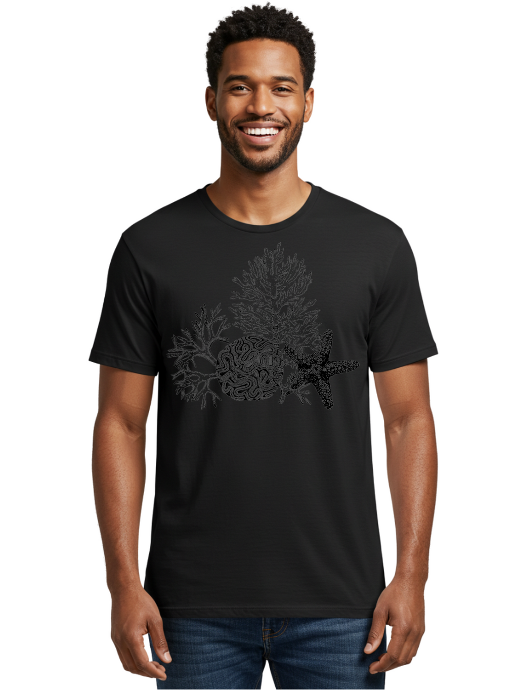 Sea-Turtle Men'S Graphic Tee, 100% Cotton, Comfortable Casual Summer Wear, Machine Washable, Brain Illustration, Coral Reef, Starfish, Ocean Life, Sea Creatures, Underwater World, Marine Biology, Neurological Art, Abstract Design, Aad751