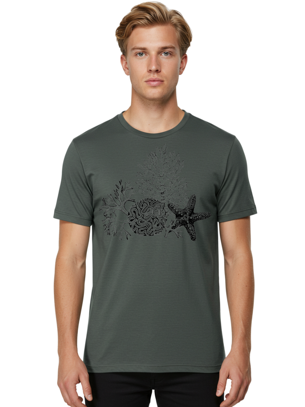 Sea-Turtle Men'S Graphic Tee, 100% Cotton, Comfortable Casual Summer Wear, Machine Washable, Brain Illustration, Coral Reef, Starfish, Ocean Life, Sea Creatures, Underwater World, Marine Biology, Neurological Art, Abstract Design, Aad751