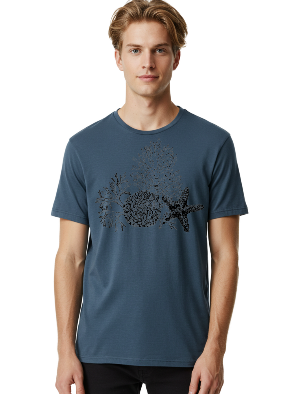 Sea-Turtle Men'S Graphic Tee, 100% Cotton, Comfortable Casual Summer Wear, Machine Washable, Brain Illustration, Coral Reef, Starfish, Ocean Life, Sea Creatures, Underwater World, Marine Biology, Neurological Art, Abstract Design, Aad751