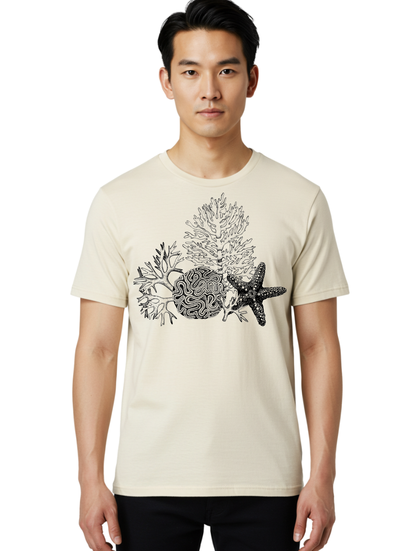 Sea-Turtle Men'S Graphic Tee, 100% Cotton, Comfortable Casual Summer Wear, Machine Washable, Brain Illustration, Coral Reef, Starfish, Ocean Life, Sea Creatures, Underwater World, Marine Biology, Neurological Art, Abstract Design, Aad751