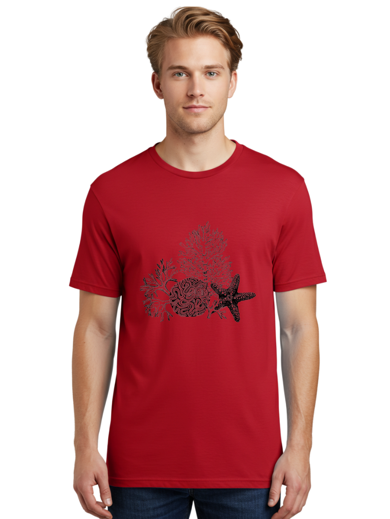 Sea-Turtle Men'S Graphic Tee, 100% Cotton, Comfortable Casual Summer Wear, Machine Washable, Brain Illustration, Coral Reef, Starfish, Ocean Life, Sea Creatures, Underwater World, Marine Biology, Neurological Art, Abstract Design, Aad751