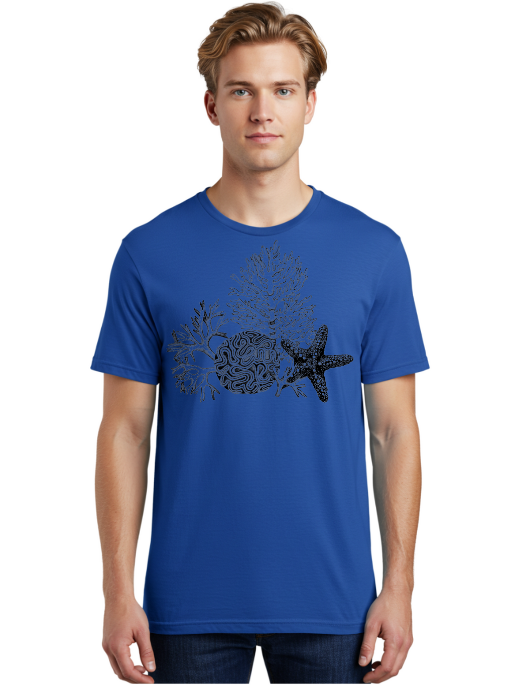 Sea-Turtle Men'S Graphic Tee, 100% Cotton, Comfortable Casual Summer Wear, Machine Washable, Brain Illustration, Coral Reef, Starfish, Ocean Life, Sea Creatures, Underwater World, Marine Biology, Neurological Art, Abstract Design, Aad751