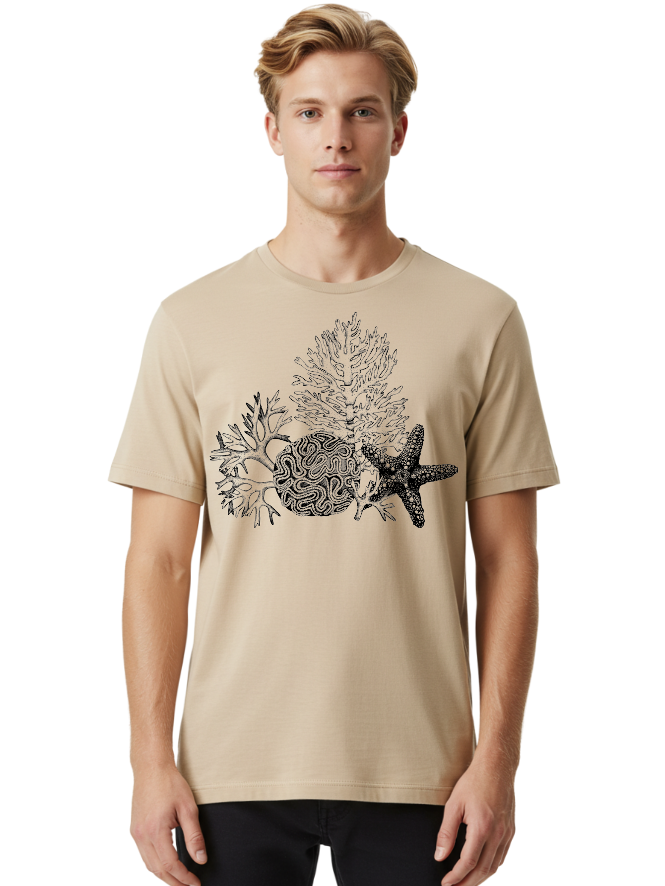 Sea-Turtle Men'S Graphic Tee, 100% Cotton, Comfortable Casual Summer Wear, Machine Washable, Brain Illustration, Coral Reef, Starfish, Ocean Life, Sea Creatures, Underwater World, Marine Biology, Neurological Art, Abstract Design, Aad751