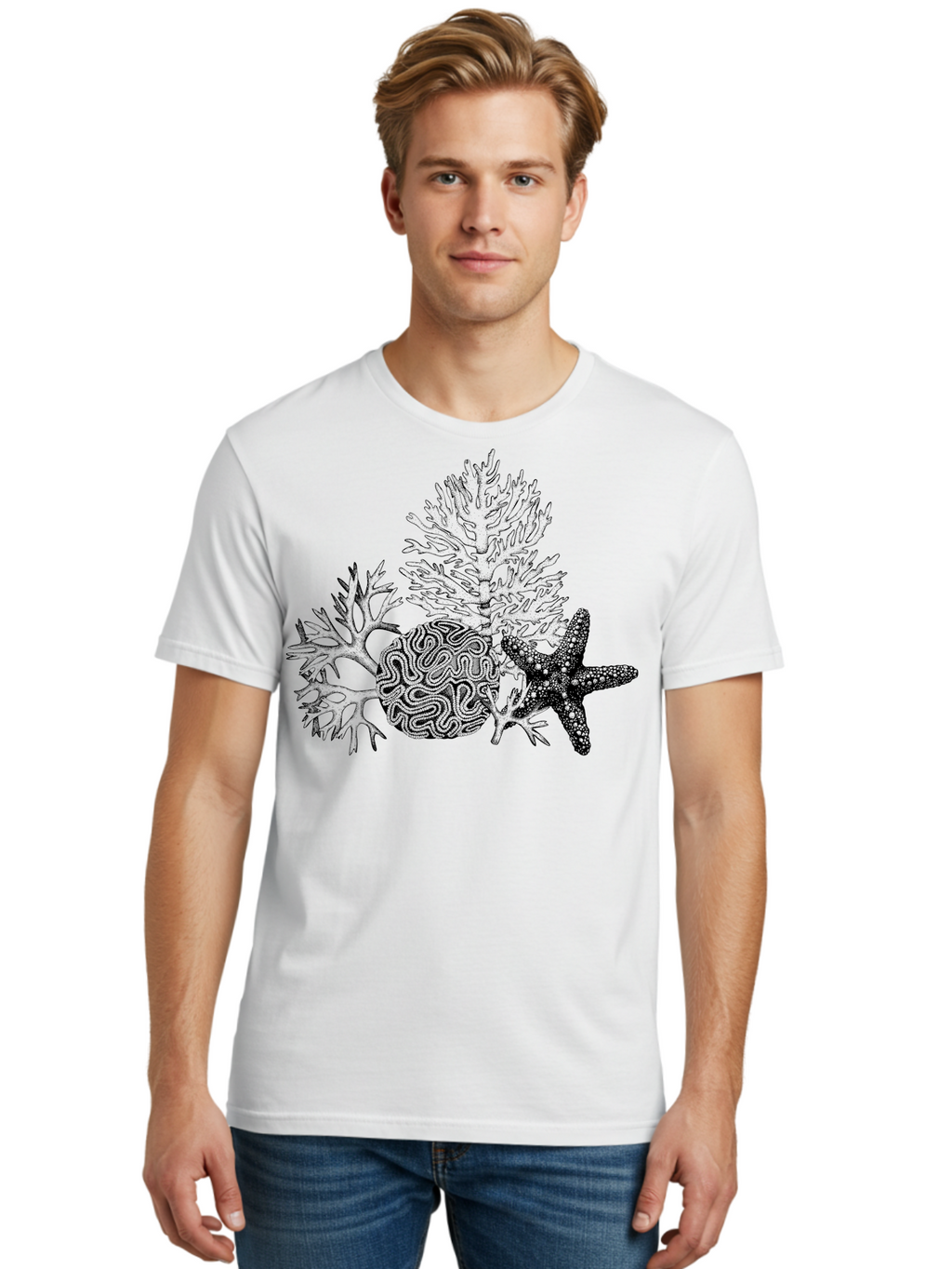 Sea-Turtle Men'S Graphic Tee, 100% Cotton, Comfortable Casual Summer Wear, Machine Washable, Brain Illustration, Coral Reef, Starfish, Ocean Life, Sea Creatures, Underwater World, Marine Biology, Neurological Art, Abstract Design, Aad751